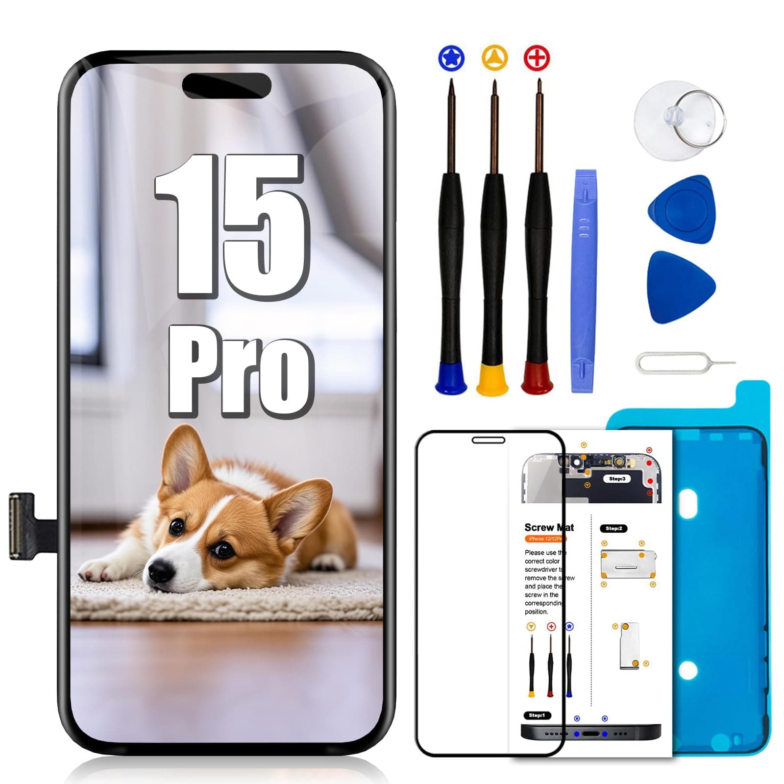 for iPhone 15 Pro Screen Replacement 6.1 inch,LCD Display Touch Screen Digitizer Assembly with Repair Tools Set, Compatible with Model A2848, A3101, A3102, A3104