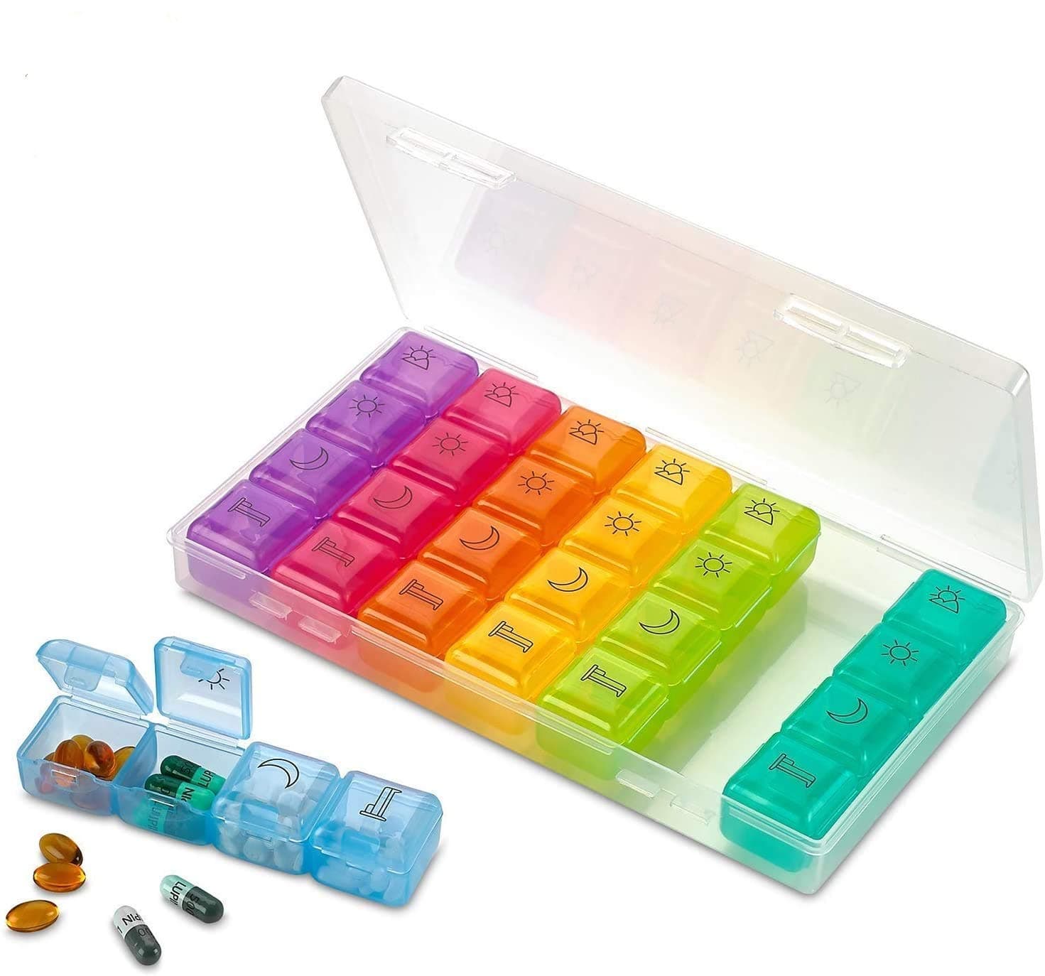 MEDca Weekly Pill Organizer - 4 Compartment Am/pm Pill Box, 7 Day Large Travel Medication Dispenser Case for Vitamins and Medicines