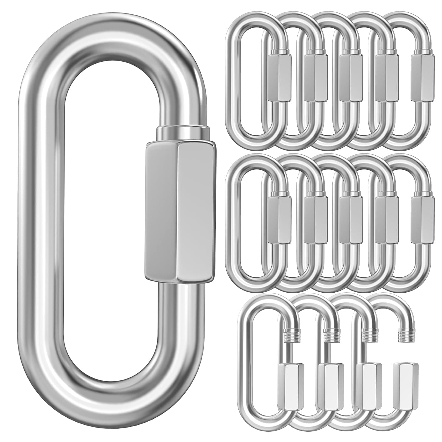 15 Pack Heavy-Duty Chain Hooks Quick Links - 304 Stainless Steel 1/4" Locking Carabiner Anti-Rust Chain Connector Quick Link for Towing,Swing,Shade Sail,Bird Toys,Capacity 800lb