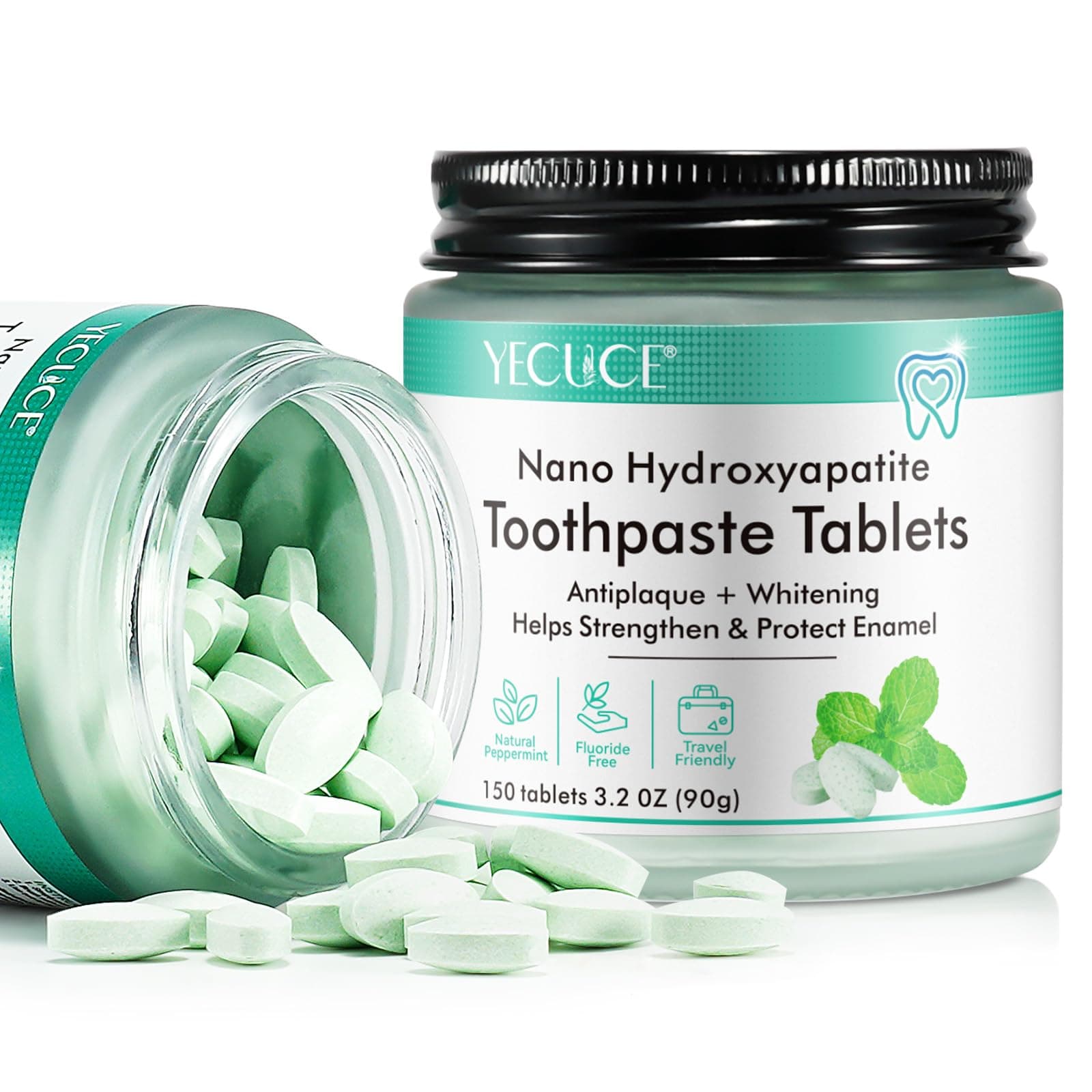 150P Toothpaste Tablets - Nano Hydroxyapatite, Travel Mouthwash Tablets, Sensitive Toothpaste Bites Kids Adults, Spearmint