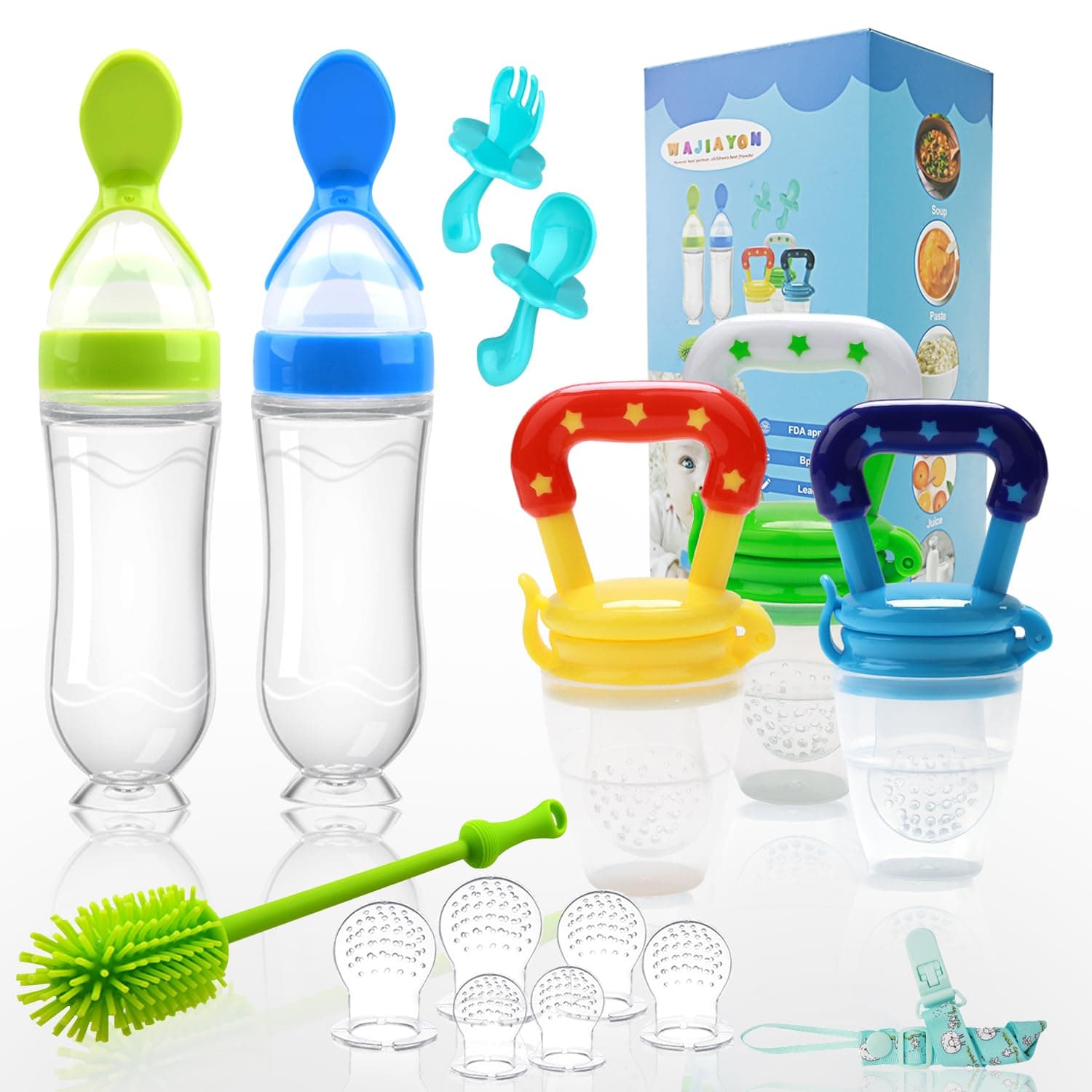 Food Feeder Baby Fruit Feeder Pacifier (3 Pcs) with 6 Different Sized Silicone Pacifiers 2 PCS Silicone Babies Food Dispensing Spoon 90ML with 2 Baby Spoons Bottle Brush Pacifier Clip