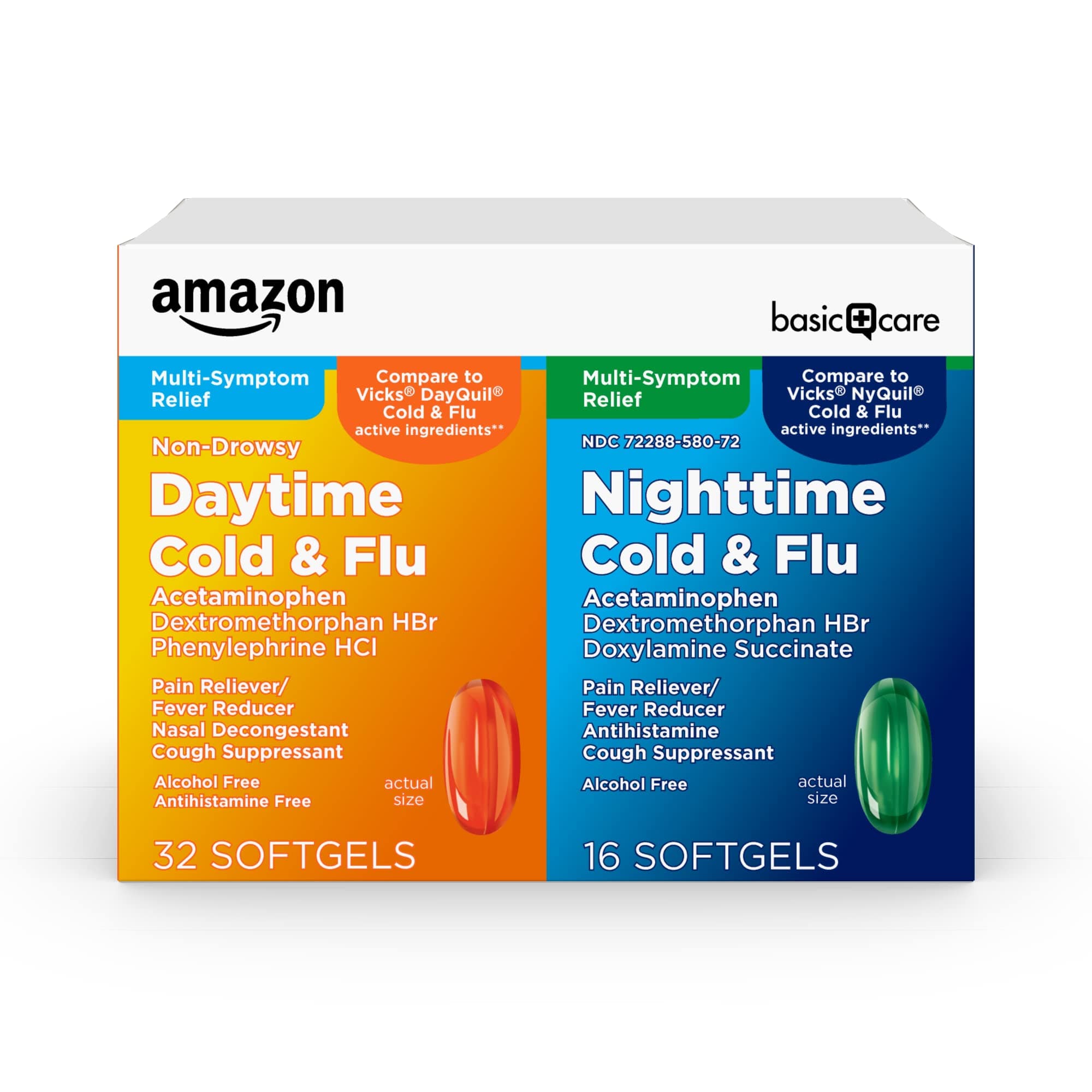 Cold and Flu Relief, Daytime and Nighttime Combo Pack Softgels for Multi-Symptom Relief, Sore Throat, Cough, Nasal Congestion, Headache, 48 Count (Pack of 1)