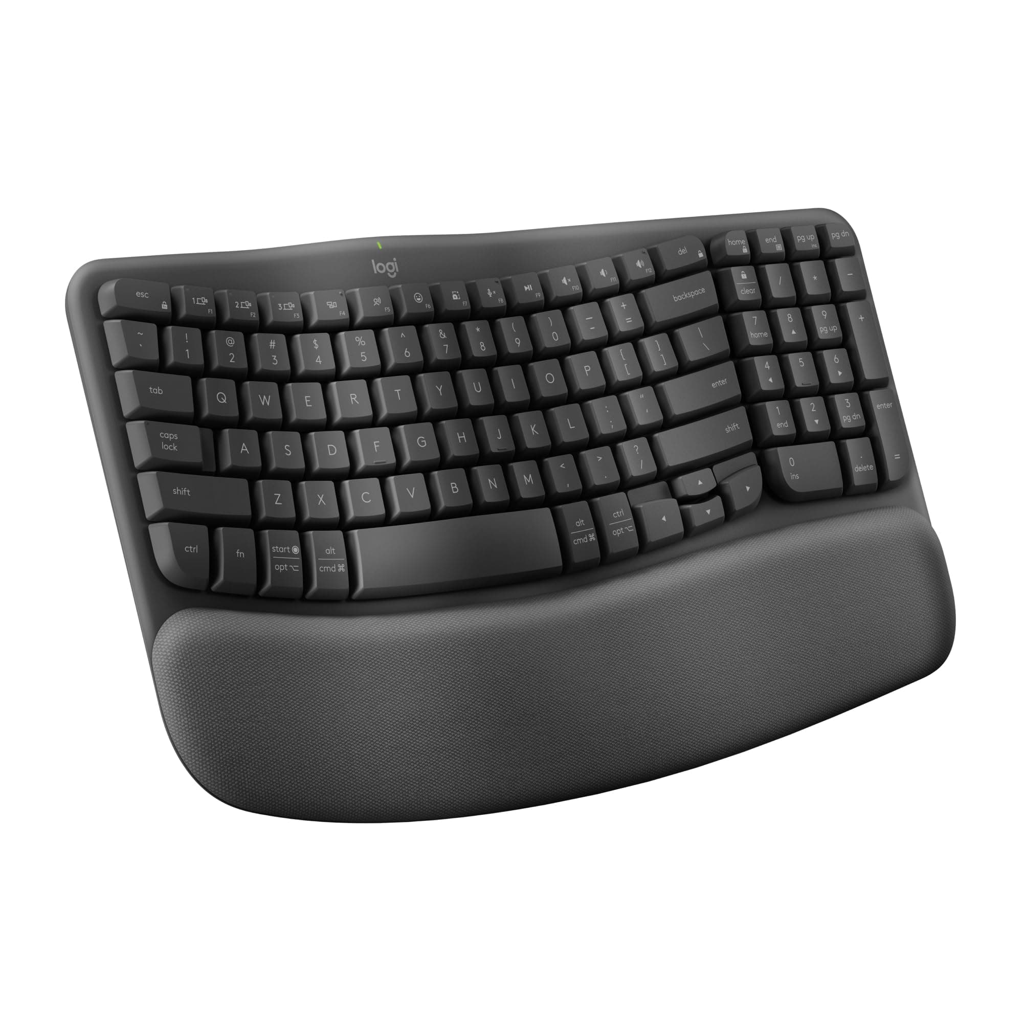 Wave Keys Wireless Ergonomic Keyboard with Cushioned Palm Rest, Comfortable Natural Typing, Easy-Switch, Bluetooth, Logi Bolt Receiver, for Multi-OS, Windows/Mac, UK English QWERTY - Graphite