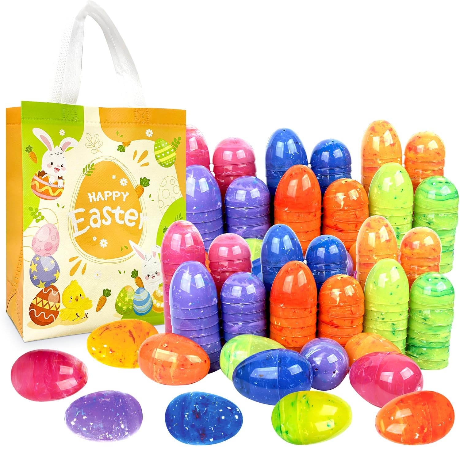 36Pcs 6×4cm Iridescent Marble-like Plastic Easter Eggs for Kids Egg Hunt Basket Bag Empty Stuffers Fillers with 1pc Cute Non Woven Bags, Toys Filling Treats & Easter Theme Party Supplies Favour