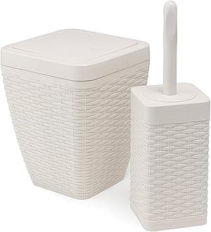 Addis Faux Rattan Square Bathroom Set Includes Swing Bin & Toilet Set Brush, Calico Linen - Faux Leather Plastic