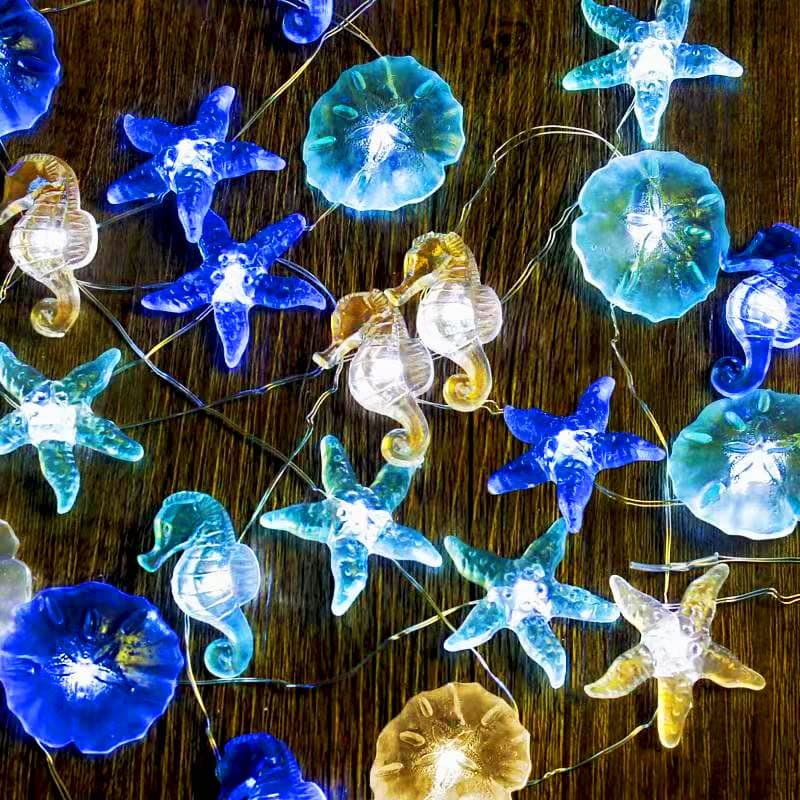 Ocean Theme String Lights, Beach Decor Starfish Seahorse Sand Dollars Nautical Decorative Lights Battery & USB Plug In with Remote 10 ft 30 LEDs for Covered Outdoor Bedroom Birthday Party