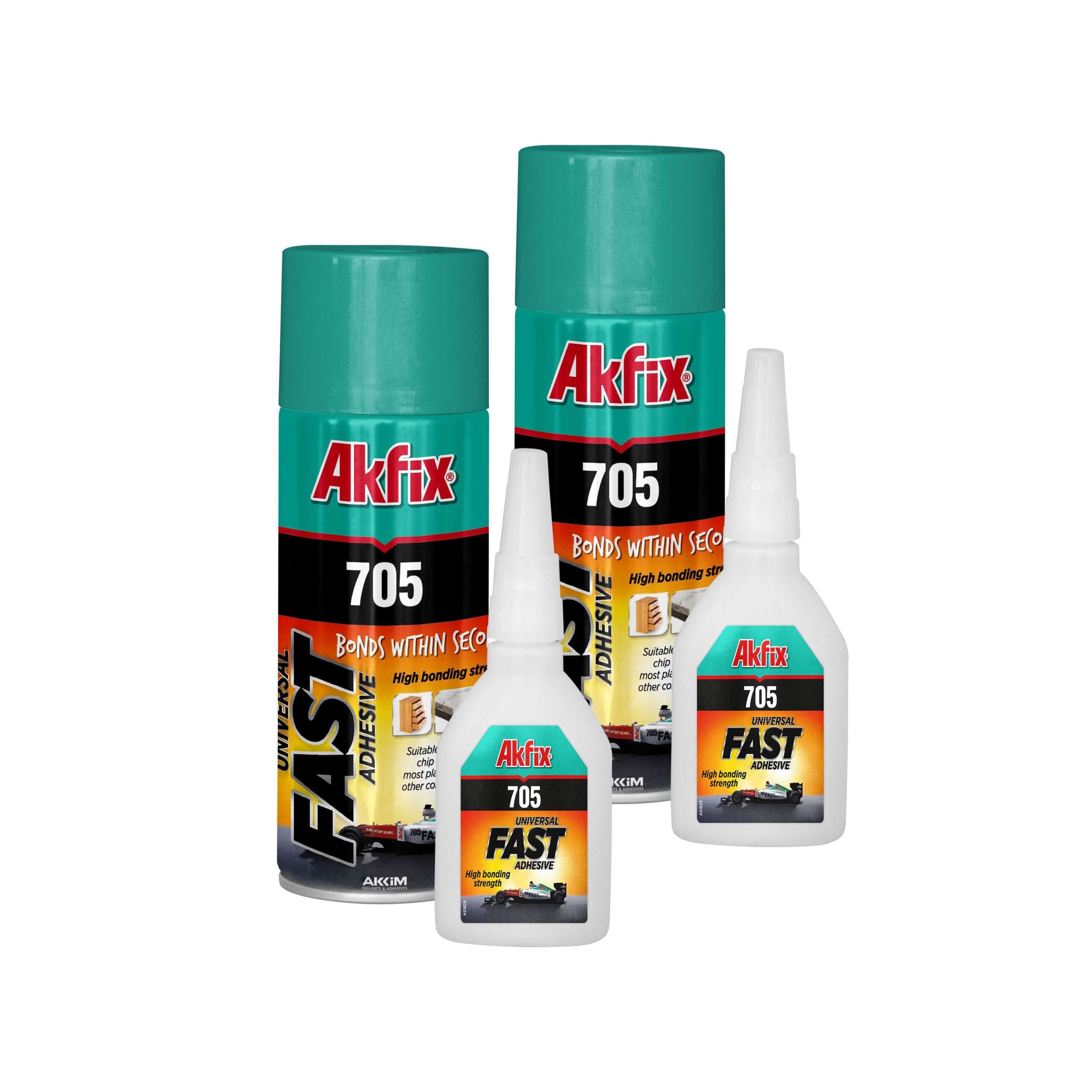 Akfix 705 Super CA Glue 2-Pack (2 X 1.76 oz) with Spray Activator (2 X 6.76 floz). Wood, Metal, Plastic, Leather, Crafts. Clear CA Glues