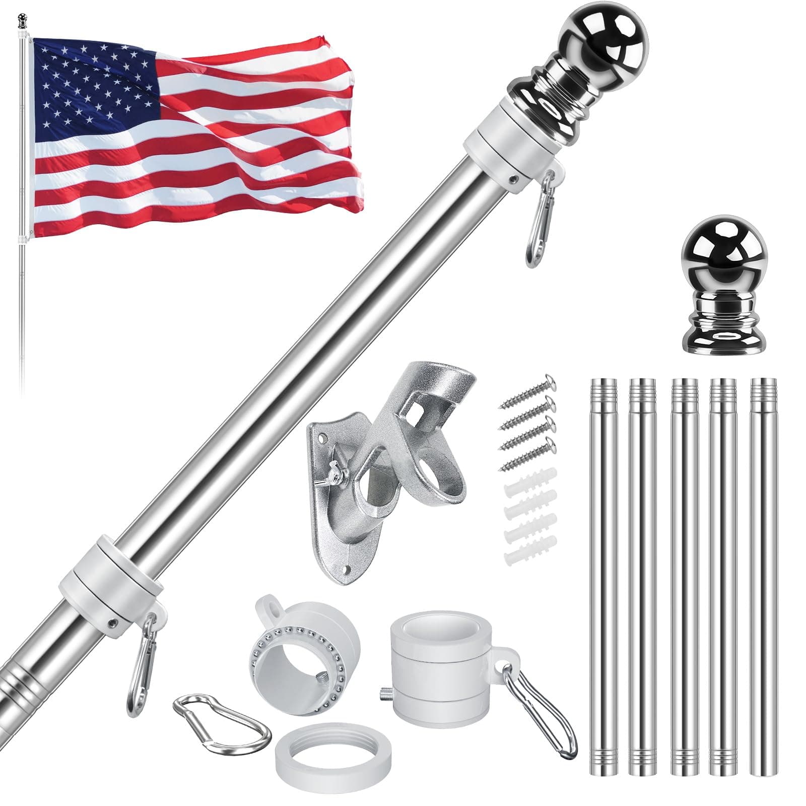Jetlifee American Flag Pole Kit, Including 100% Polyester 3x5 ft US Flag, 5 Ft Aluminum White No Tangle Spinning Pole and Multi-Position Flag Pole Bracket