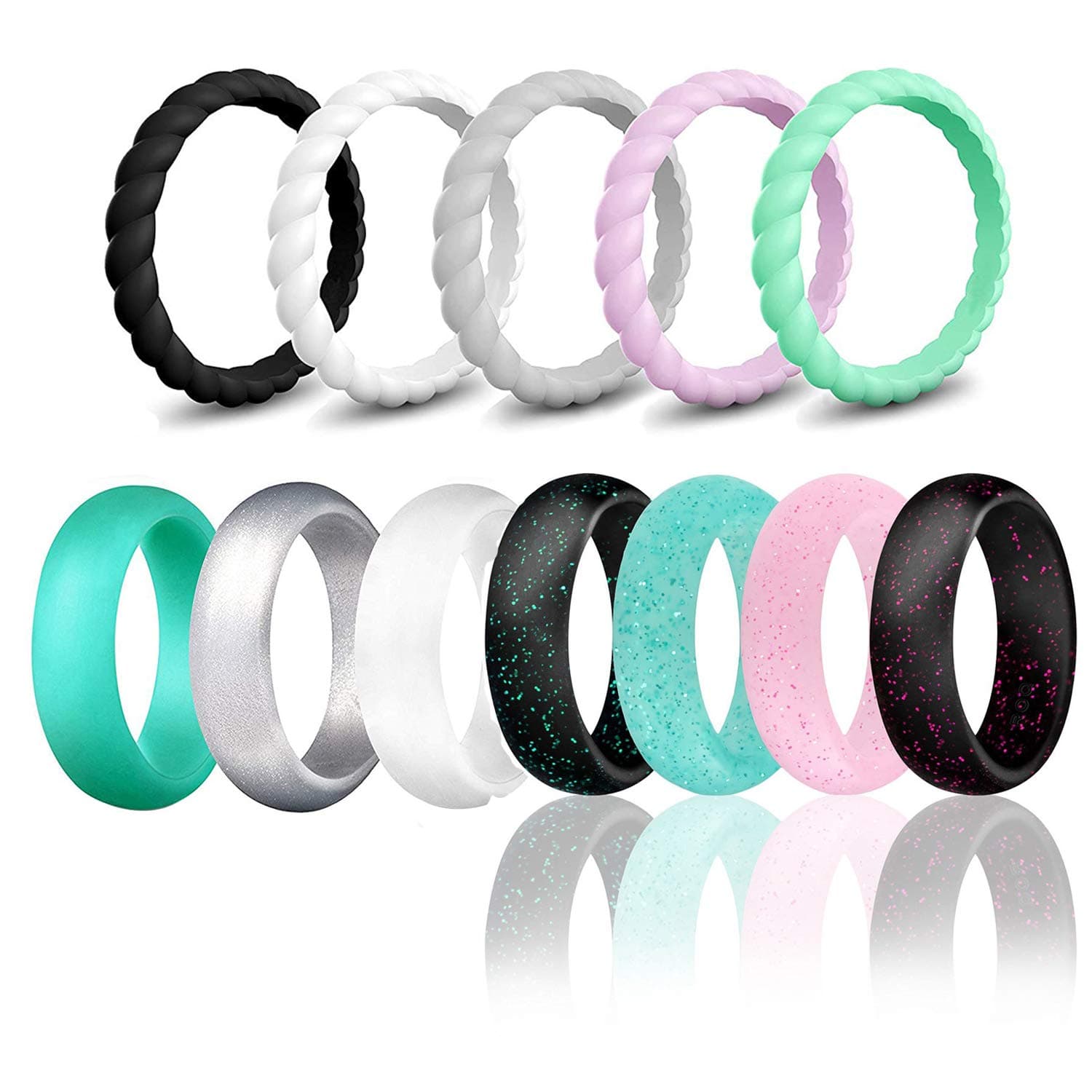 SOVSEFD Silicone Wedding Ring Bands for Women 12 Pack Size 4 5 6 7 8 9 Womens Thin Stackable & Glitter Powder Rubber Wedding Band Rings 5.7mm & 3mm Wide