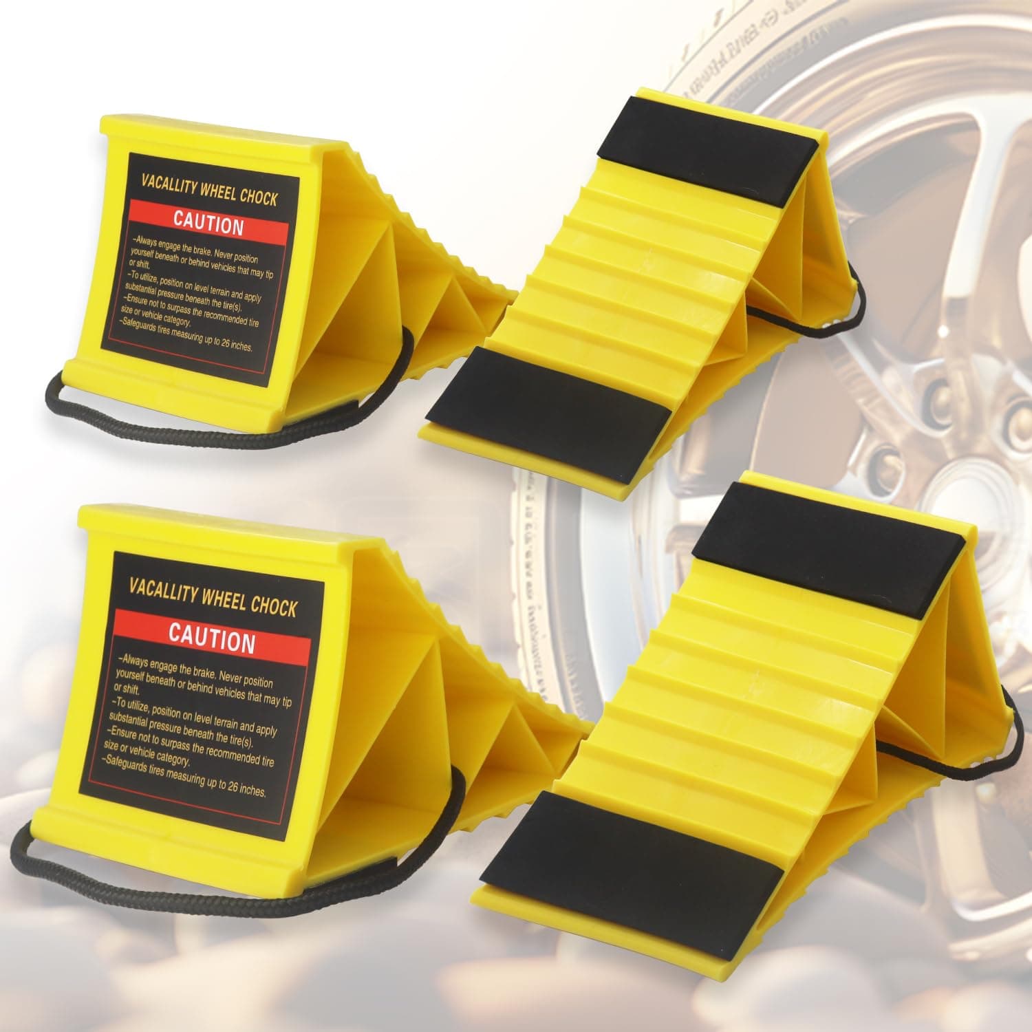 Vacallity Light Weight Wheel Chocks with Durable Material Upgrade Stability, Camper RV Trailer Car Truck Tires Chock Block Stopper, Wheel Immobilizers & Chocks, Easy to Use with Rope [2pair 4pack]
