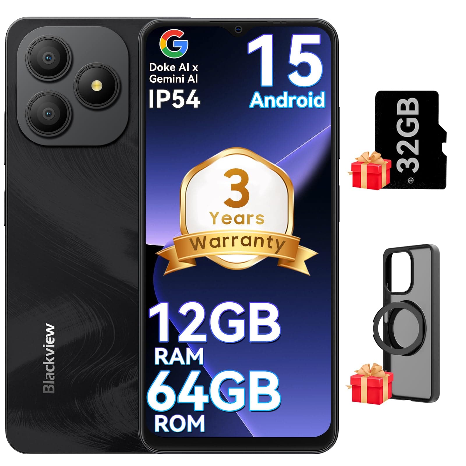 Blackview Wave 9C Unlocked Android Phones, Android 15 Cell Phone Unlocked, 6.56" Smart Phones, T-Mobile Phone, 12+64GB/2TB，13MP+8MP，5000mAh，Fingerprint/Face ID, Black