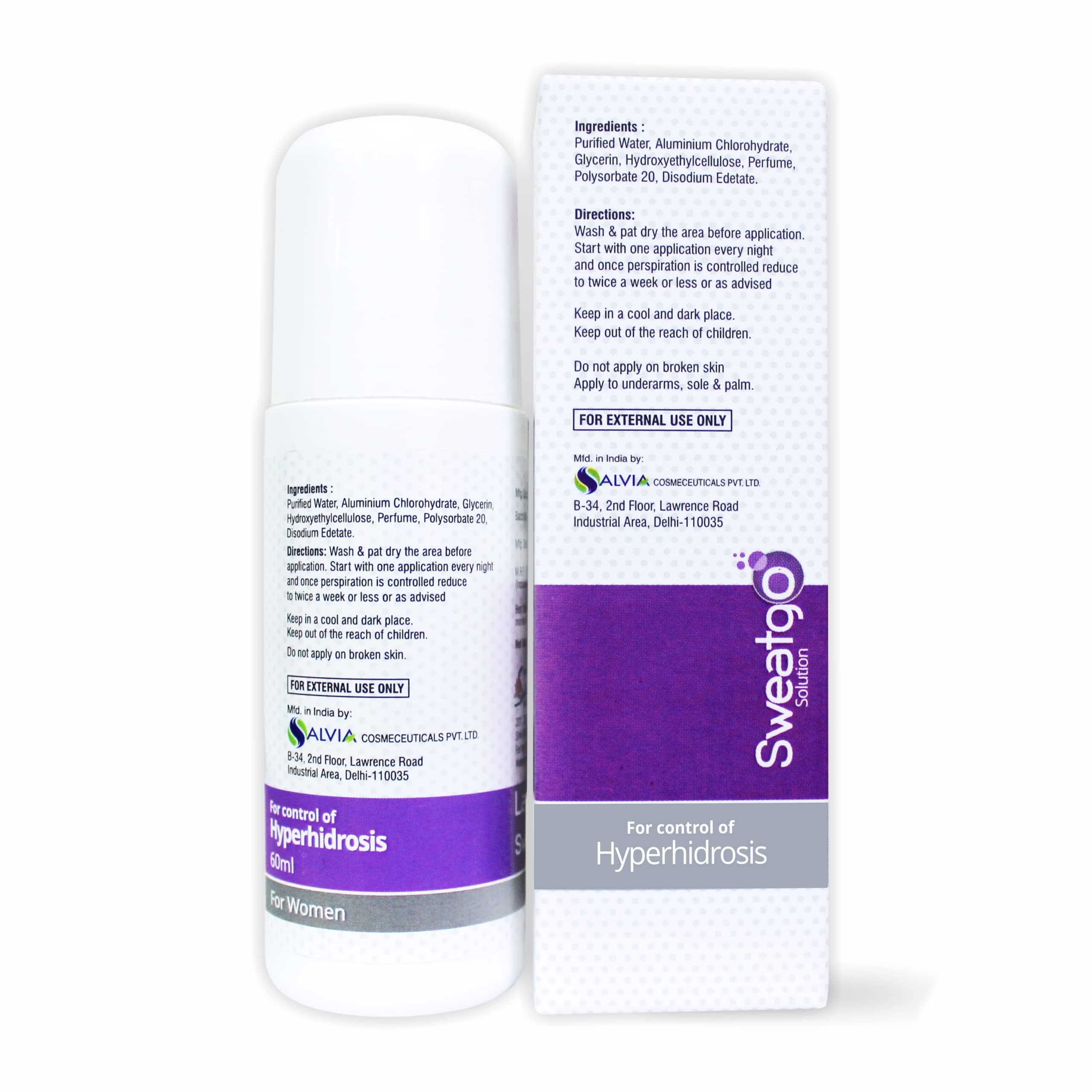 Sweatgo Lavender Solution for Women | 60ml Roll-On | Suitable for Excess Sweat & Odor Control | Lavender Fragrance | Daily Use