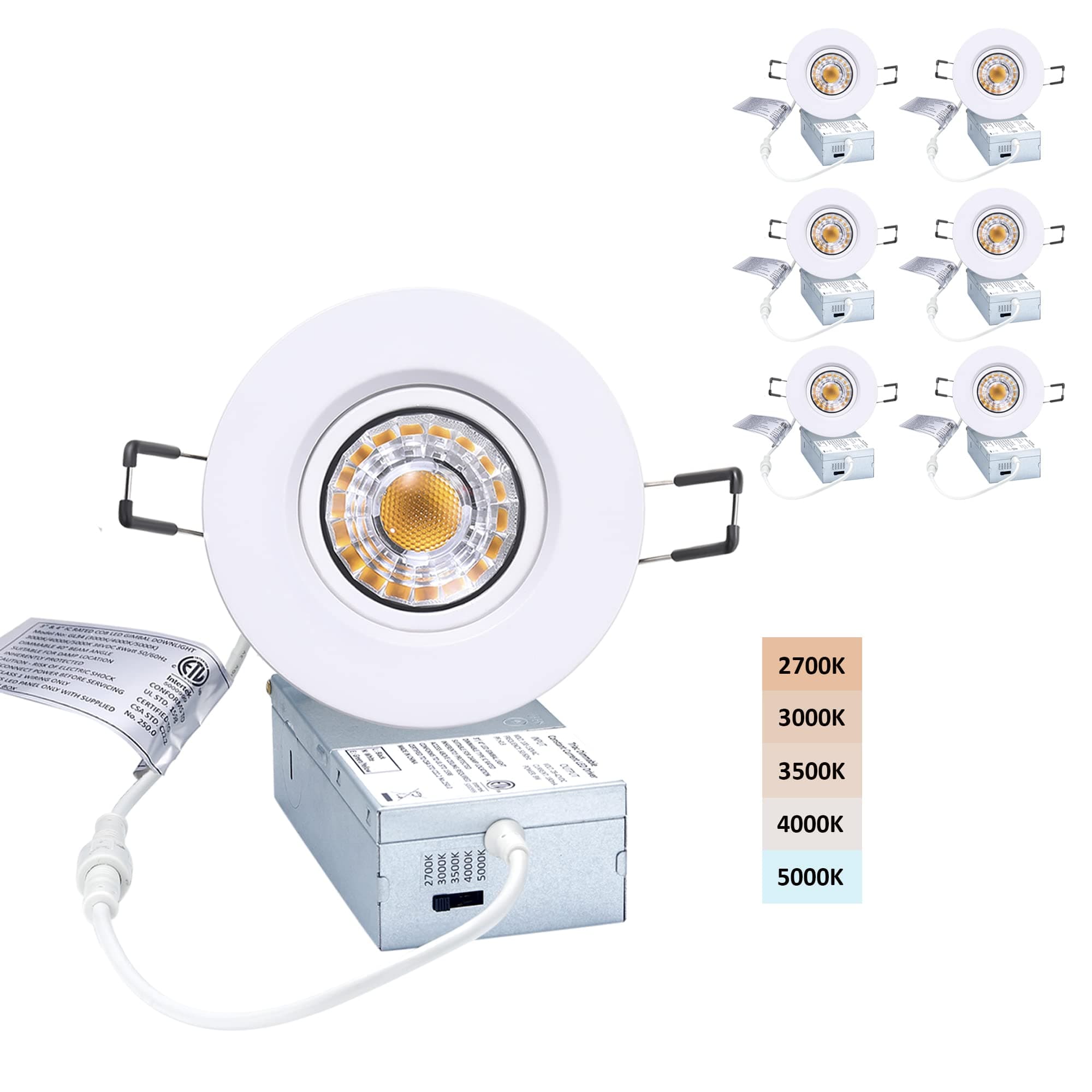 Canless Recessed Gimbal Downlight Rotatable-Spotlight 5 CCT 3 Inch Eyeball Ceilling Potlight, Dimmable Recessed Lights Fixture with Junction Box, 8W CCT Adjustable, White Round Trim, 6 Pack