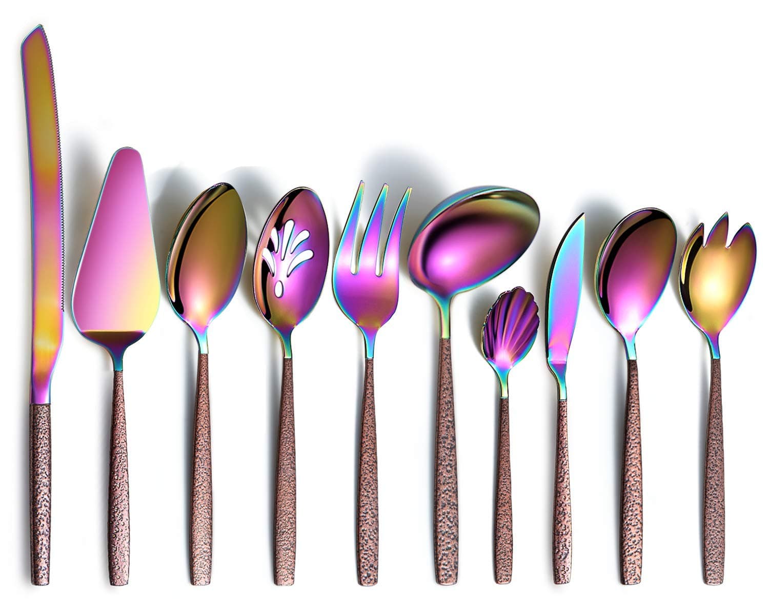 Berglander Silverware Serving Set 10 Pieces With Moon Surface Handle And Shiny Rainbow Mouth Titanium Plating, Stainless Steel Modern Colorful Flatware Serving Set Serving Spoons Serving Utensils
