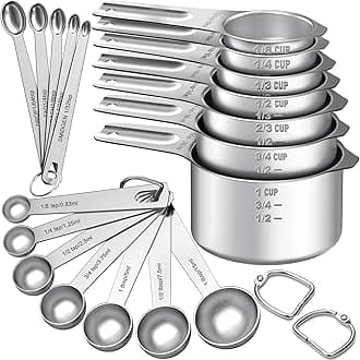 EWFEN Measuring Cups and Spoons Set, 7 Stainless Steel Nesting Measuring Cups & 7 Spoons, 5 Mini Measuring Spoons & 2 Detachable Rings, Kitchen Gadgets for Cooking & Baking, Round