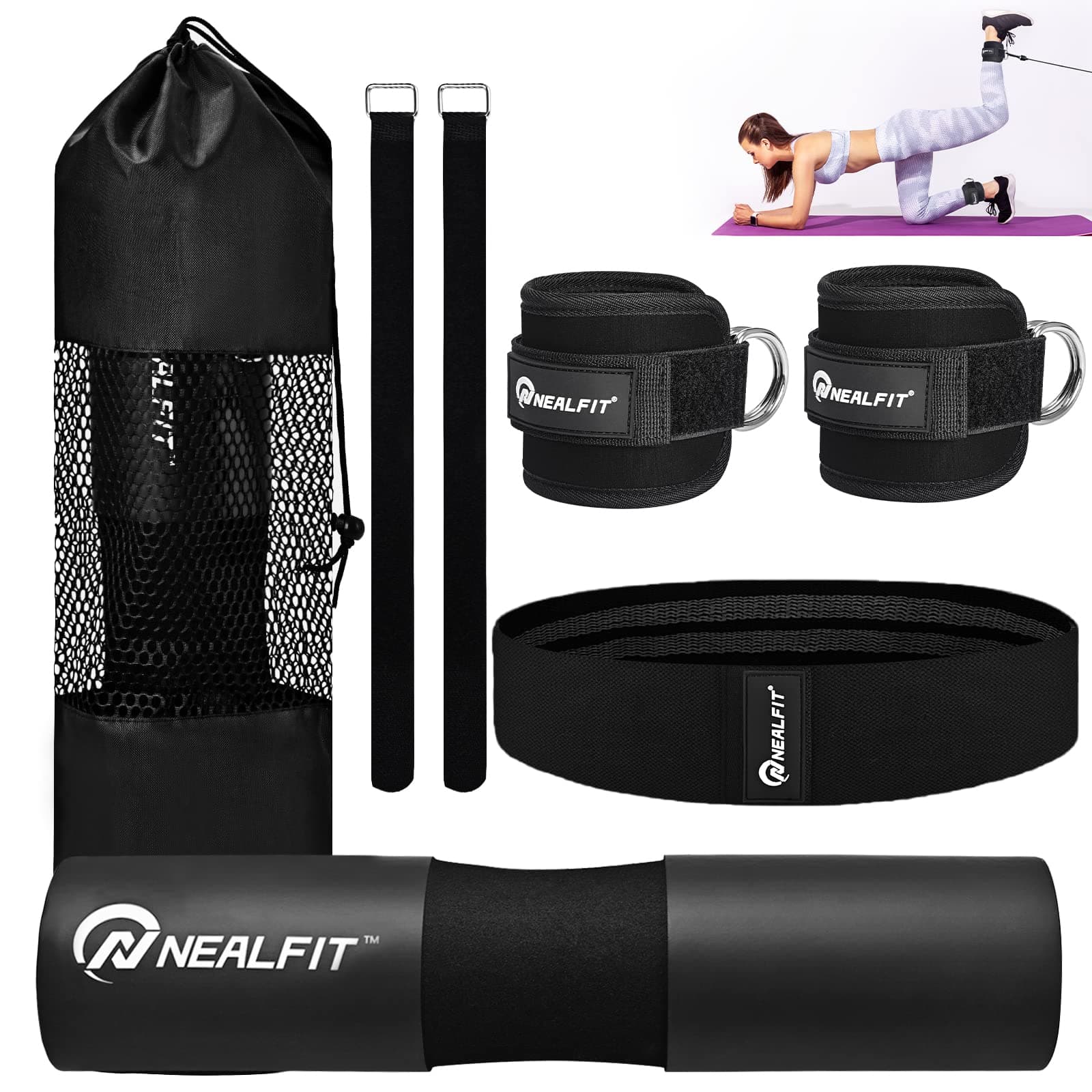 Barbell Pad Set for Squats, Lunges and Hip Thrusts, Neck & Shoulder Protective Pad, Standard Olympic Bars with 2 Gym Ankle Straps, Hip Resistance Band, Barbell Pad, Carry Bag