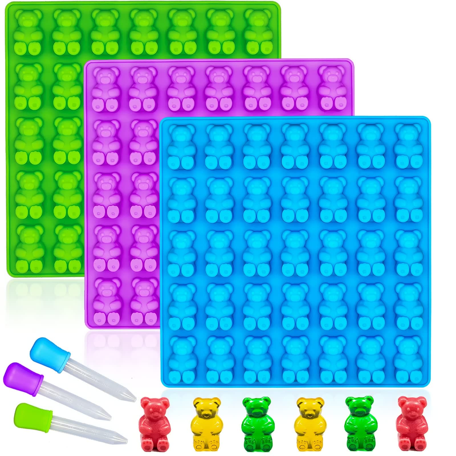 WARM TIME Large Gummy Bear Mold 4 ML, Non-Stick Silicone Candy Chocolate Molds Ice Cube Moulds BPA-Free with 3 Droppers, Set of 3