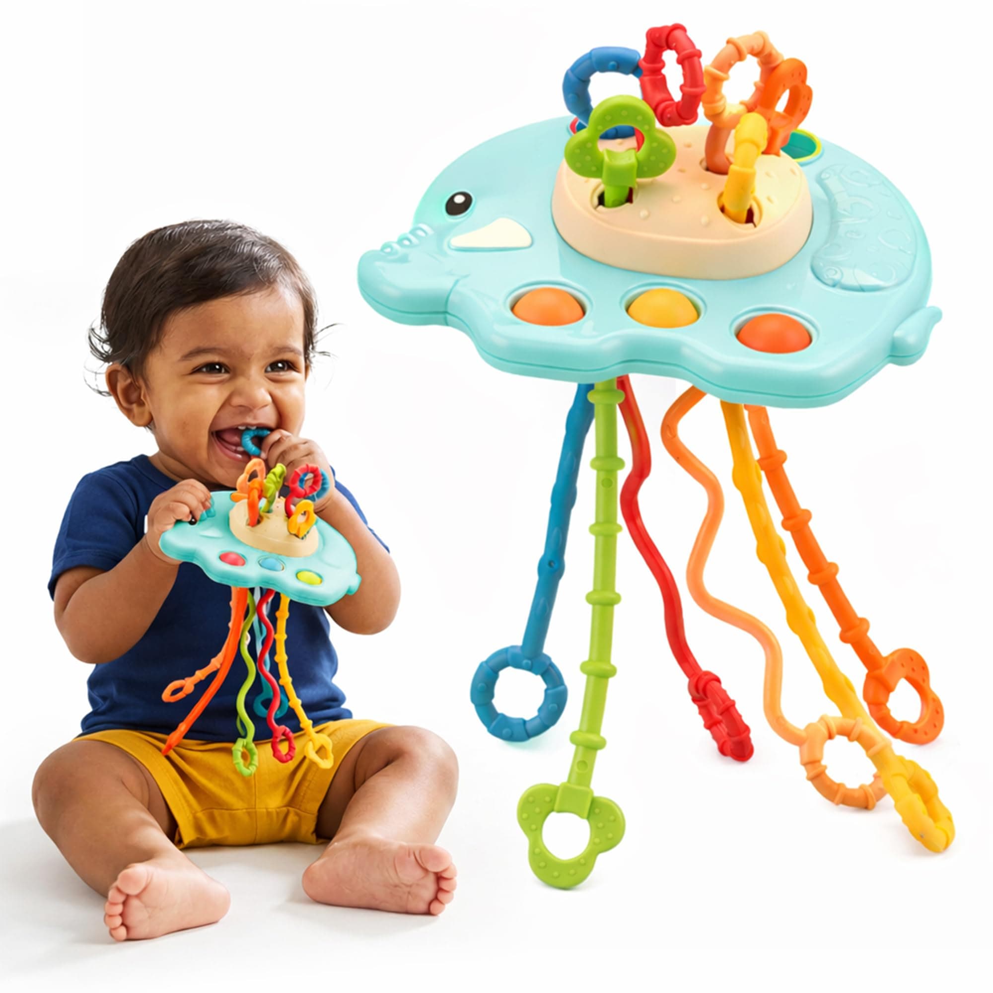 Kidology Pull String for Babies Teething Strings Sensory Montessori Toys Baby Girl,Travel Toy for 6+Months Boy Food Grade Silicone Fine Motor Skills Toy for Toddlers (Elephant Design 2)