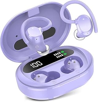 Wireless Earbuds, 2023 New Ultralight Sport Bluetooth 5.3 Headphones In Ear with LED Display, Built-in Mic Earphones, IPX7 Waterproof Wireless Headphones with Earhooks for Gym Workout (Purple)Carbonfree Certified