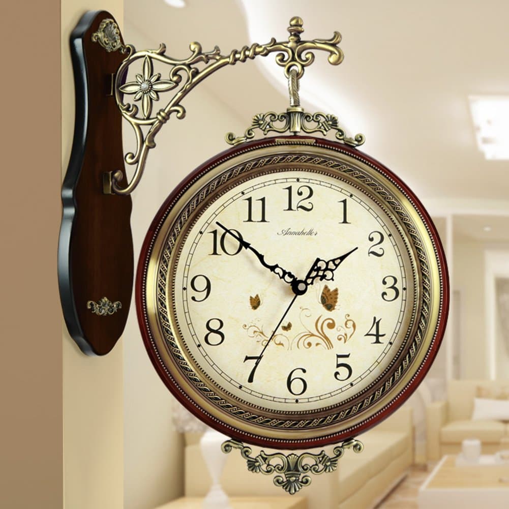 NgFTG American Style Double Sided Wall Clock, Solid Wood Metal Silent European Clock,Vintage Wall Hanging Decorative Clock Home Decor-d 40x51cm(16x20inch)