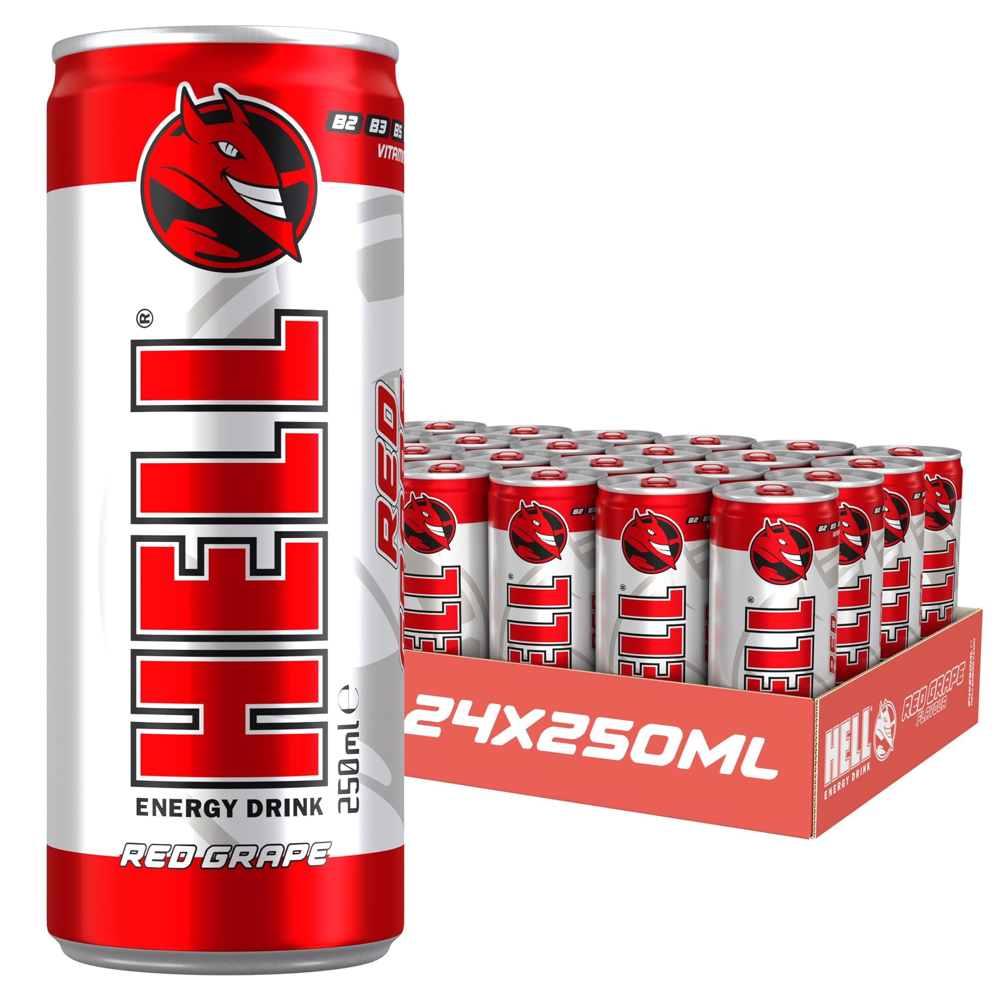 HELL Energy Drink Red Grape Flavour | 24 x 250ml Cans Multipack | 32mg/100ml Caffeine | Contains Vitamins B2 B3 B5 B6 B12 | Preservative Free | Vegan | Reduce Fatigue & Boost Energy