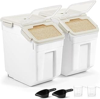 ABOUT SPACE 15-Kg Rice Container 2 Pcs Airtight Rice Storage Container with Measuring Cup & Rice Shovel-Rice Barrel Dispenser-Moisture Proof Kitchen Organiser for Cereals,Pulses&Pet Food- Grey,Plastic