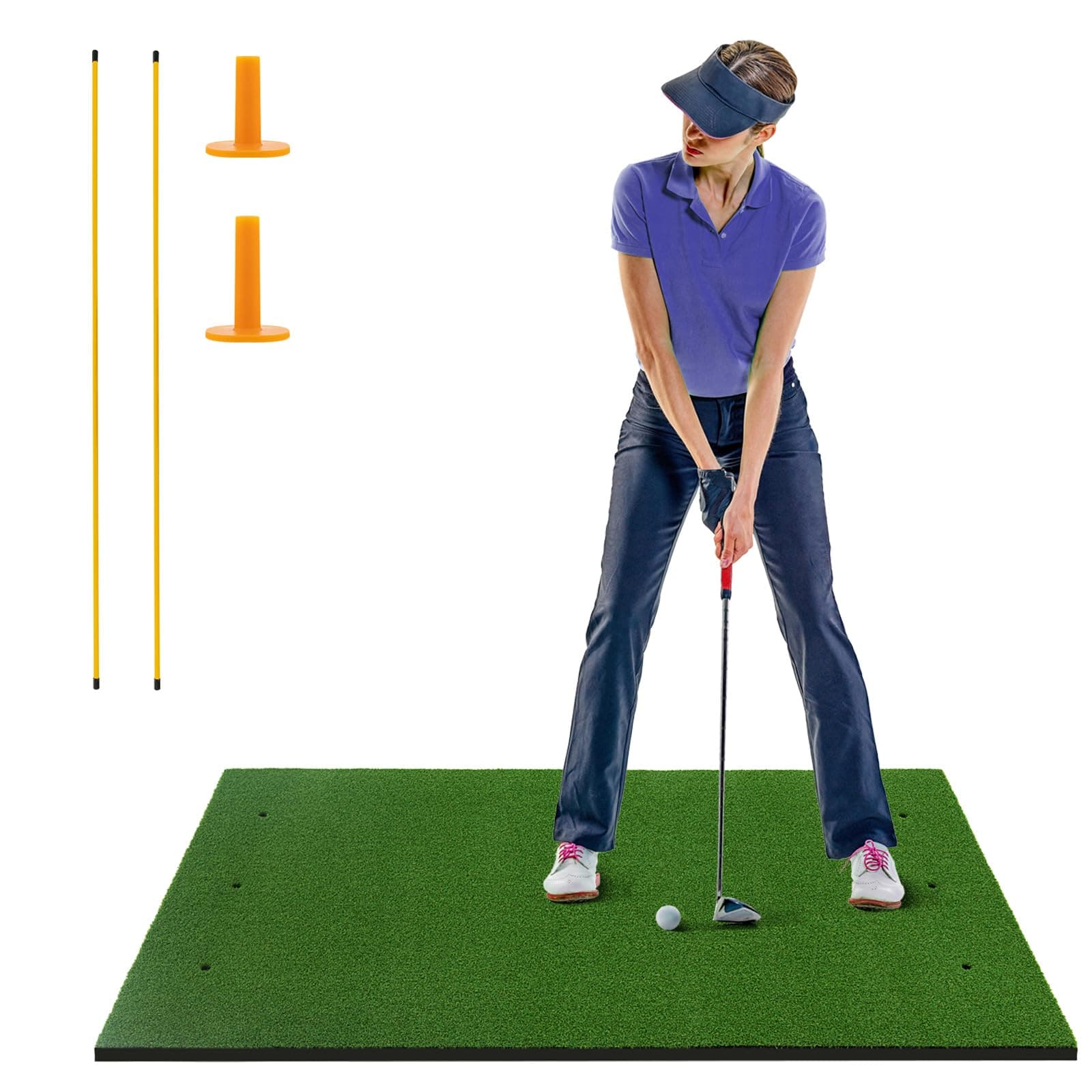 Golf Hitting Mat, 5 x 3 FT/5 x 4 FT Artificial Turf Mat with 2 Rubber Tees and 2 Alignment Sticks, Golf Training Mat for Home Backyard Garage