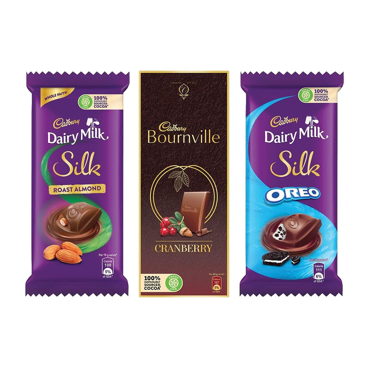 Chocolates Combo (2 X Silk Oreo 60G, 2 X Silk Roast Almond With Whole Nuts 58G And 2 X Bournville Cranberry 80G), 390 Gram