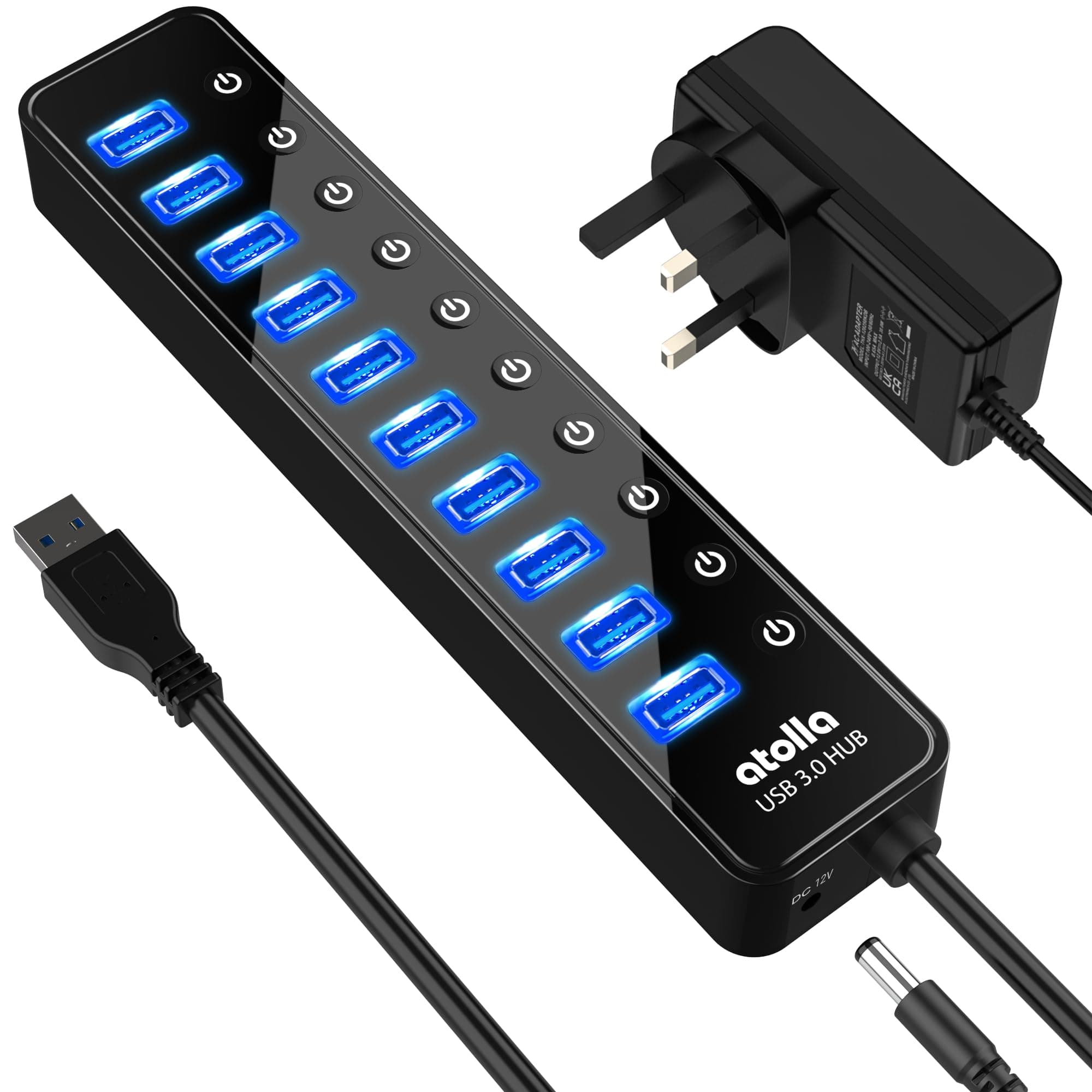 Powered USB 3.0 Hub, 10 Ports Data Hub Splitter with Individual ON/Off Switches and 12V/2.5A Power Adapter Extension for Mouse, Keyboard, Hard Drive More Devices, Black, (QF-UD50)