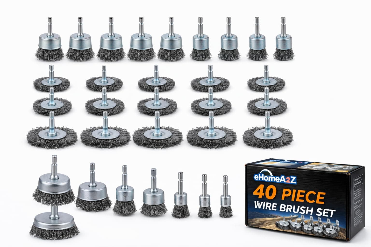 eHomeA2Z 40-Piece Wire Brush Set for Drill – Steel Wire Wheel, Cup & End Brushes with 1/4" Hex Shank – Rust Removal, Paint Stripping, Metal Cleaning Drill Attachment Kit