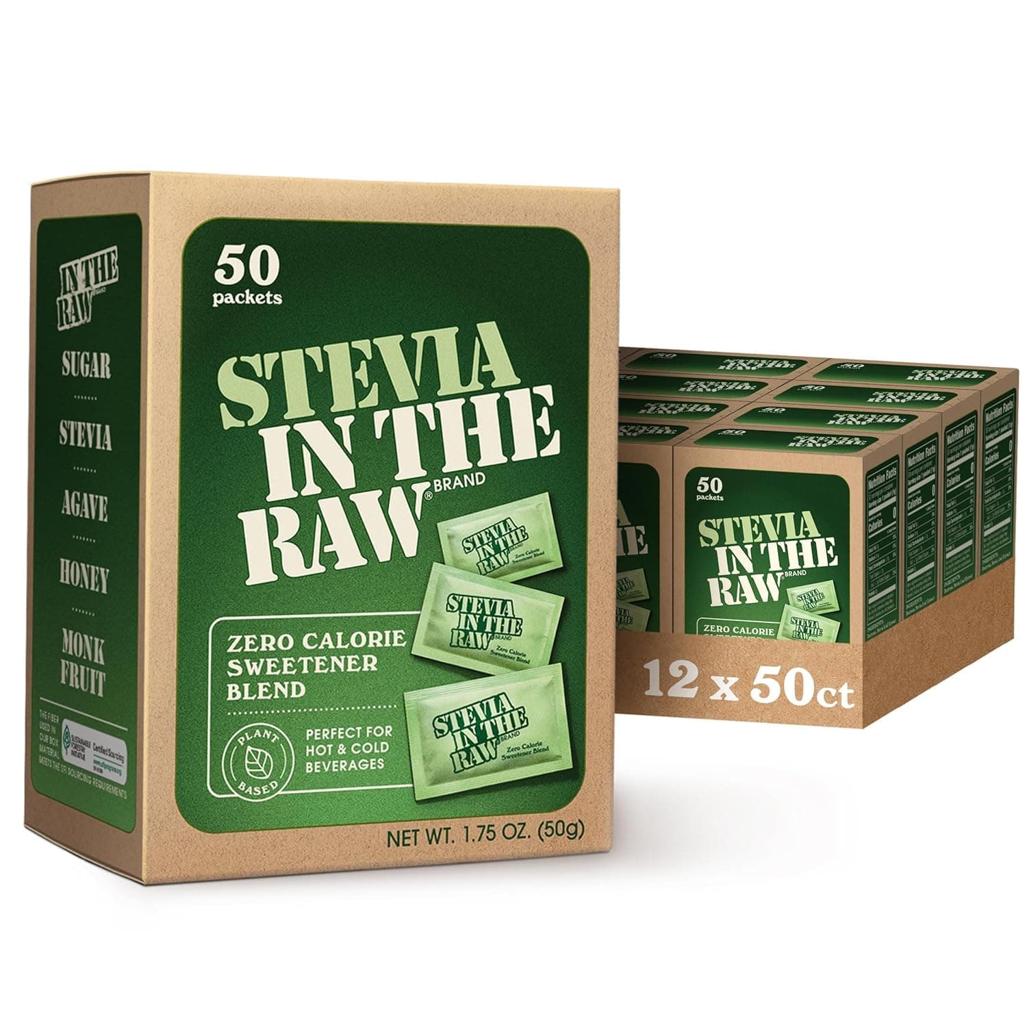 Stevia In The Raw, Plant Based Zero Calorie, Sugar Substitute, No Erythritol, Sugar-Free Sweetener for Coffee, Hot & Cold Drinks, Suitable For Diabetics, Vegan, Gluten-Free, 50 Count Packets (12 Pack)