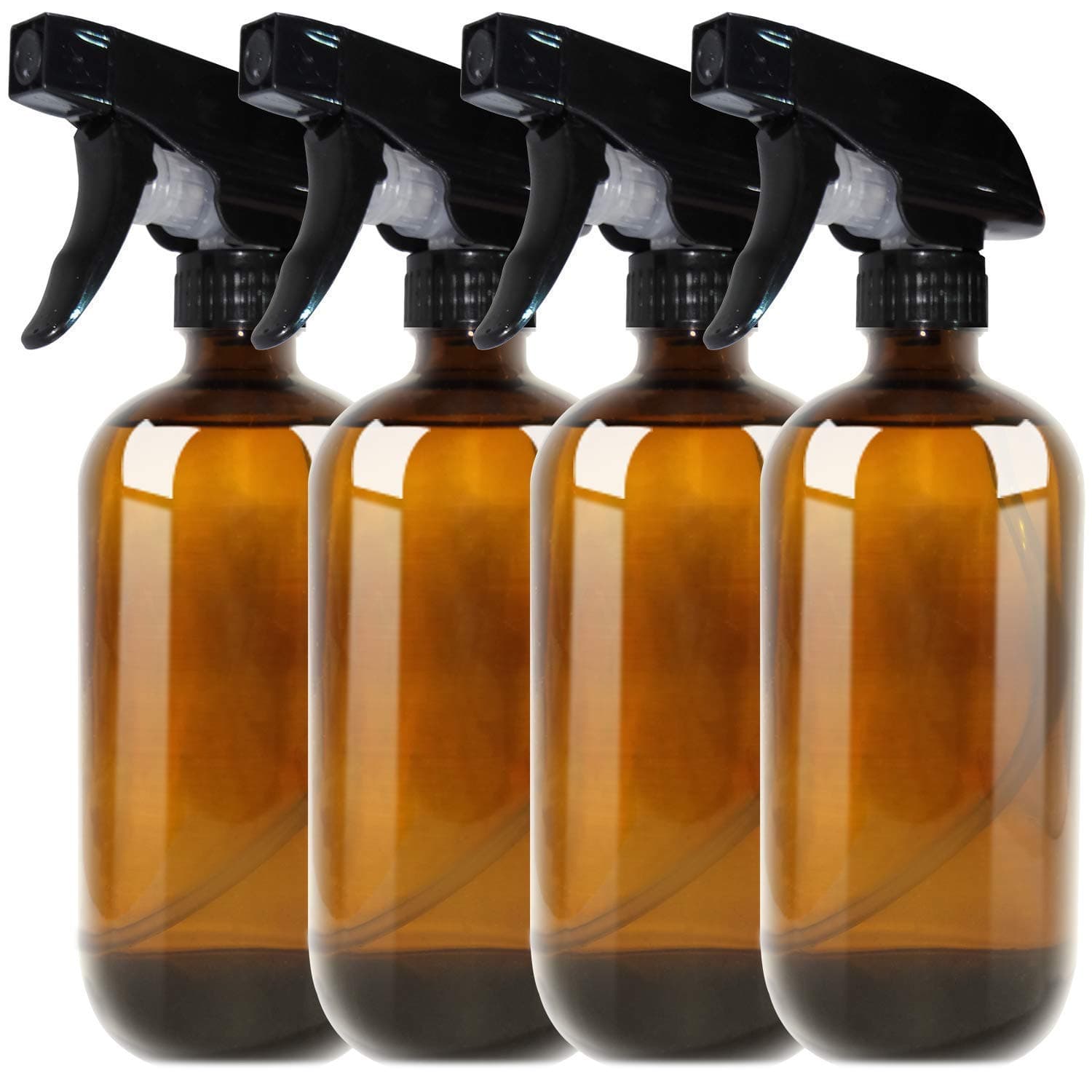Amber Glass Spray Bottle Boston 500ml (16oz) - Refillable Container with Trigger Sprayers, Caps and lables, Glass Bottle for Essential Oils, Cleaning, Room Spritzers or Aromatherapy (4x500ML)