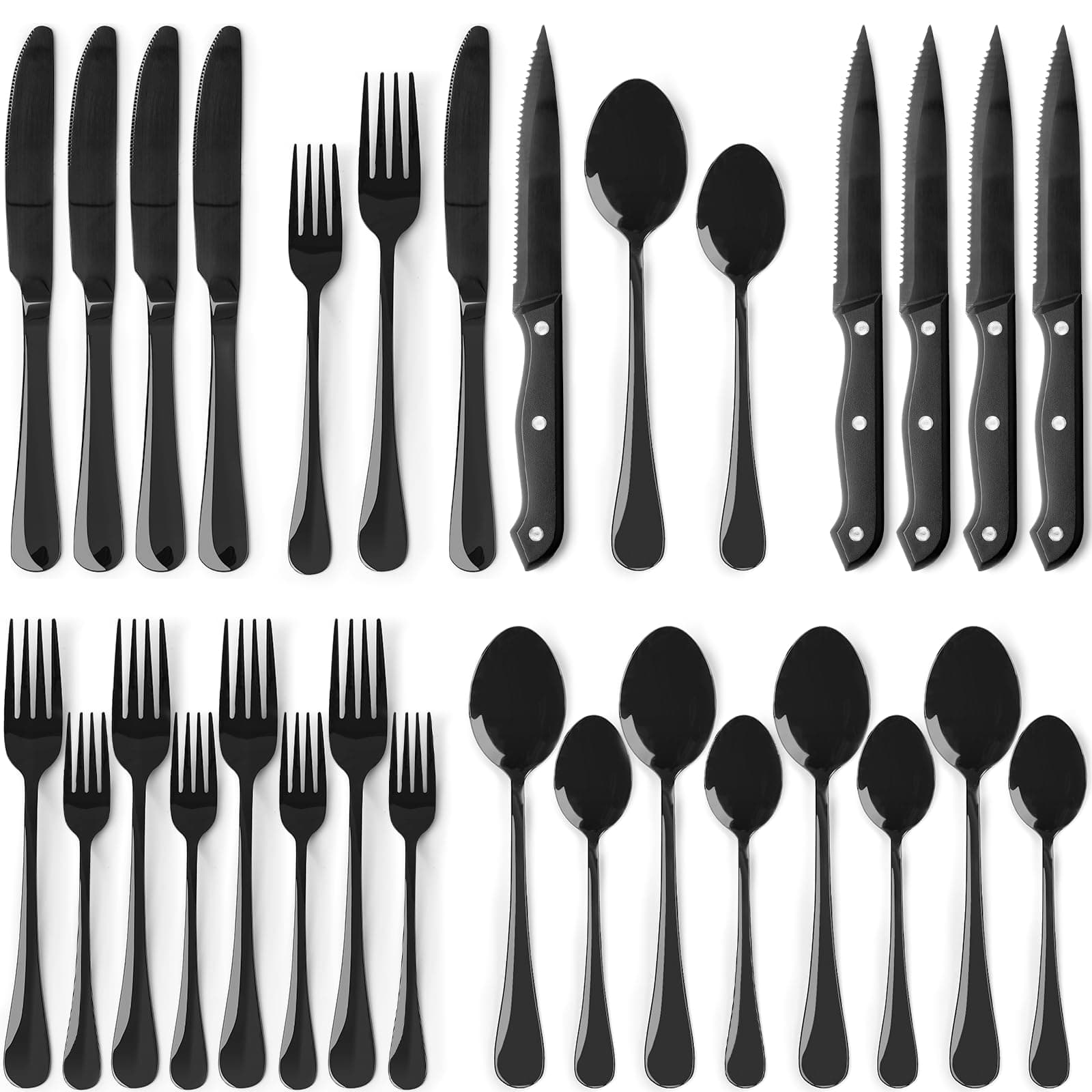 Astercook 24-Piece Black Silverware Set with Steak Knives Flatware Set for 4 Food-Grade Stainless Steel Cutlery Set Mirror Polished Utensils Set Include Spoons and Forks for Home Kitchen Restaurant