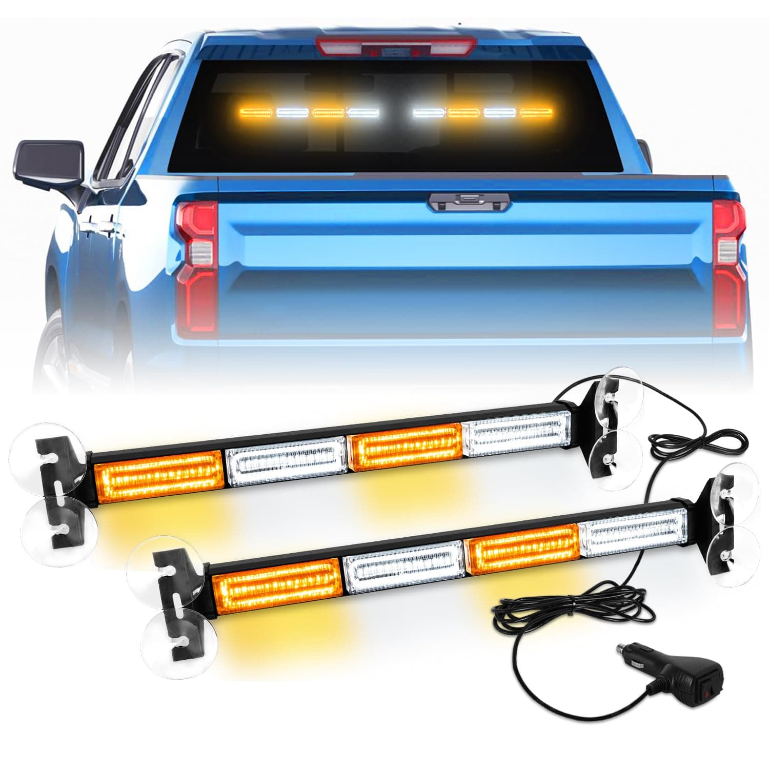 2 in 1 Emergency Strobe Traffic Advisor Light Bar Amber White Warning Hazard Safety Interior Windshield Dash Lights Emergency Lights for Trucks Construction 2x17.7, Amber/White