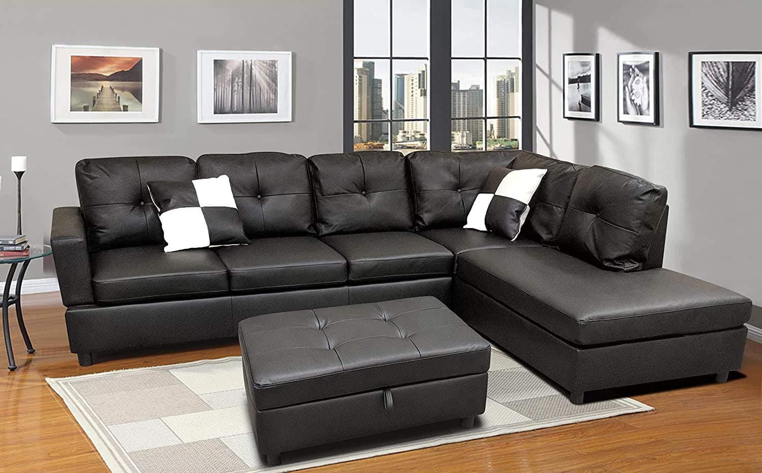 L-Shape Faux Leather Sectional Sofa Couch Set with Chaise, Ottoman, 2 Toss Pillows (Black, 34" W x 103" D 72" H)