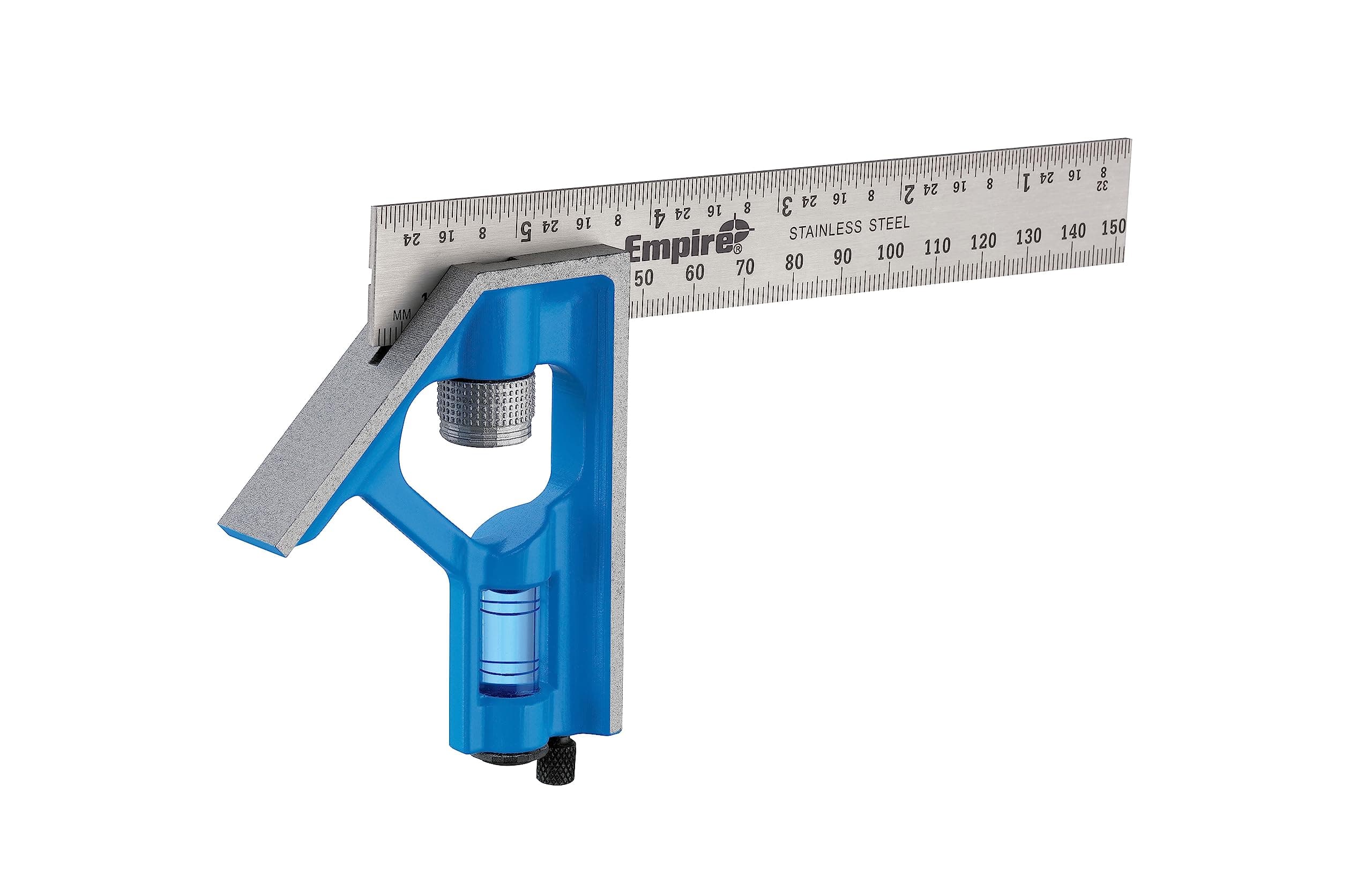 Empire E255IM Heavy Duty Professional Combination Square with Etched Stainless Steel Blade Inch and Metric Graduations, True Blue Vial, 6-Inch