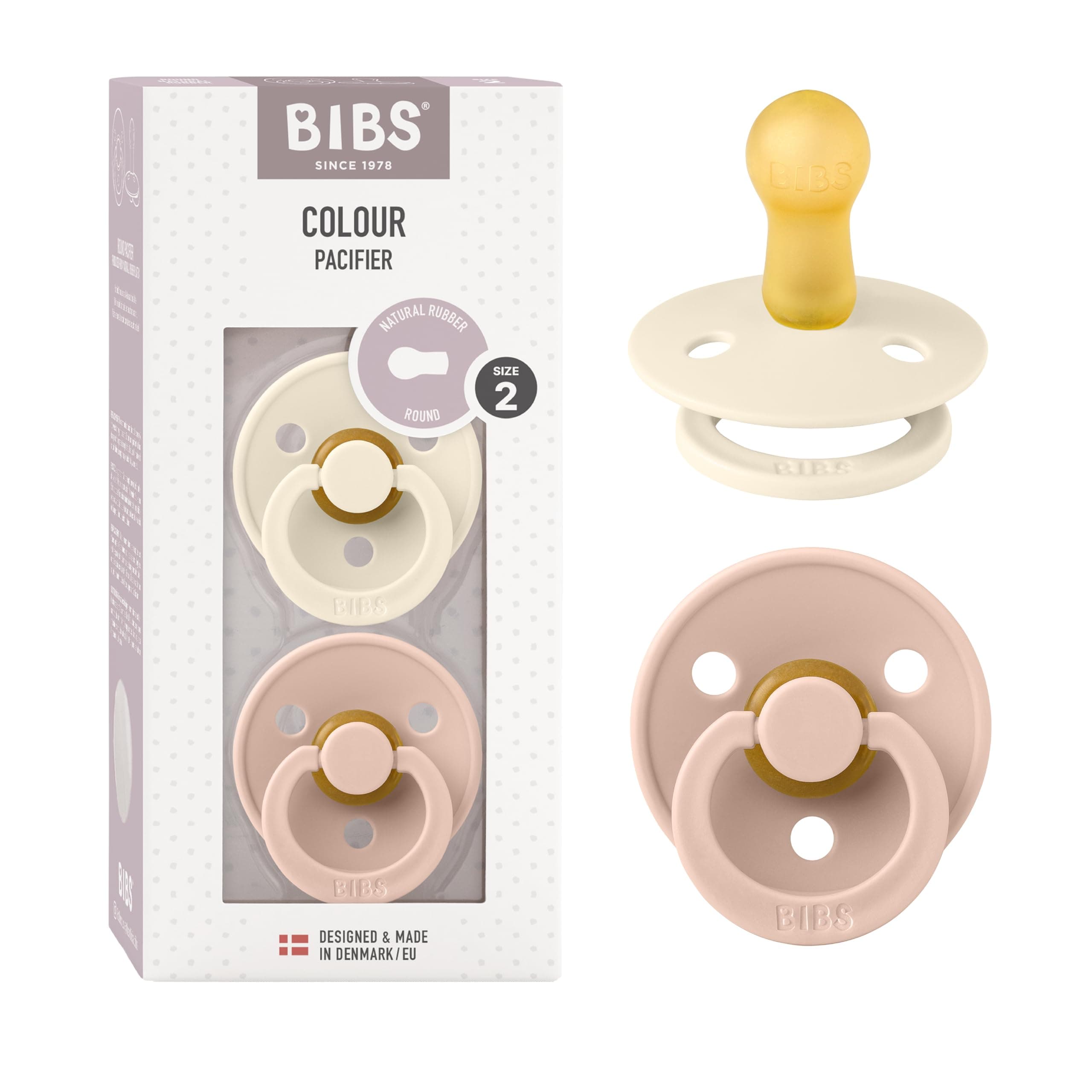 BIBS Colour Soother 2-Pack, BPA Free Dummy Pacifier, Round Natural Rubber Latex, Size 2 (6-18 Months), Ivory/Blush