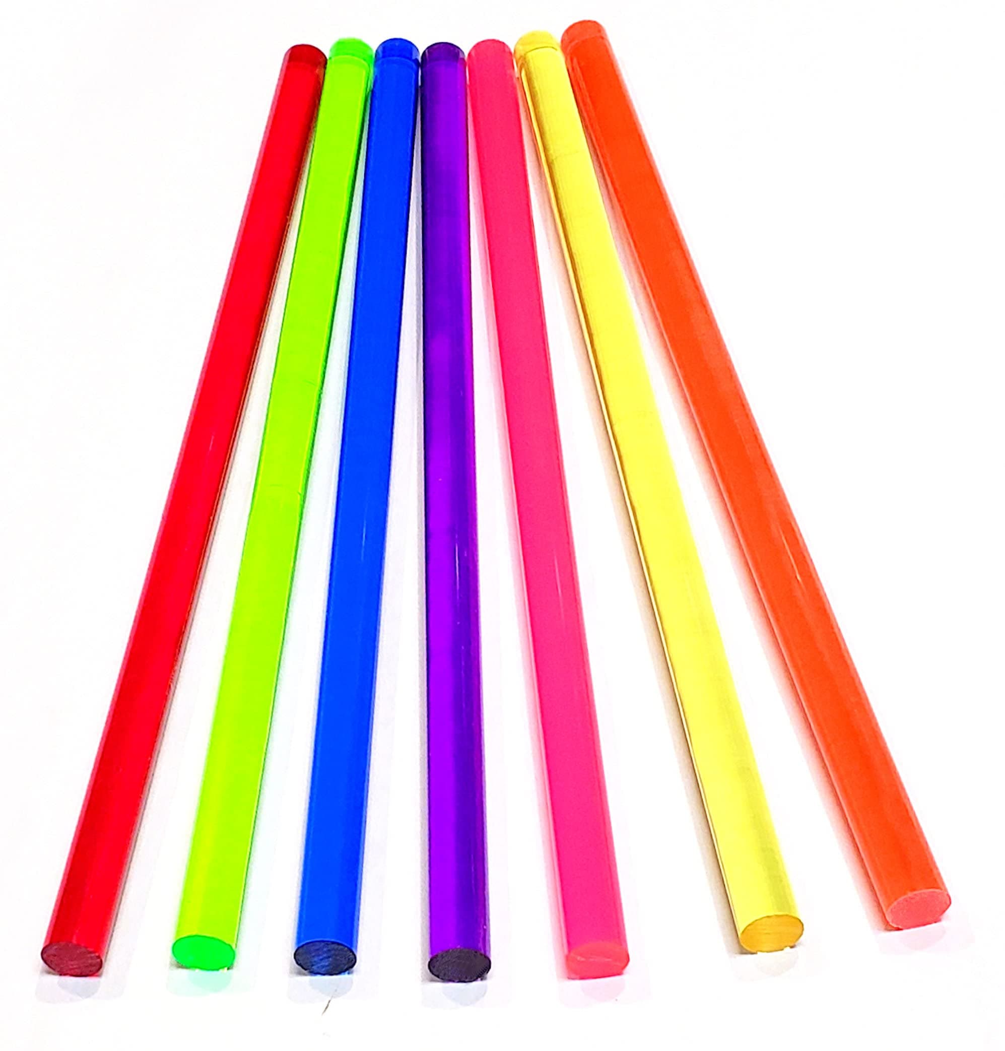7 Different Color Clear Acrylic Plexiglass Plastic Rods 1/2” Diameter x 11 1/4" Long - Orange, Natural Purple, Pink, Yellow, Royal Blue, Fluorescent Green, Red
