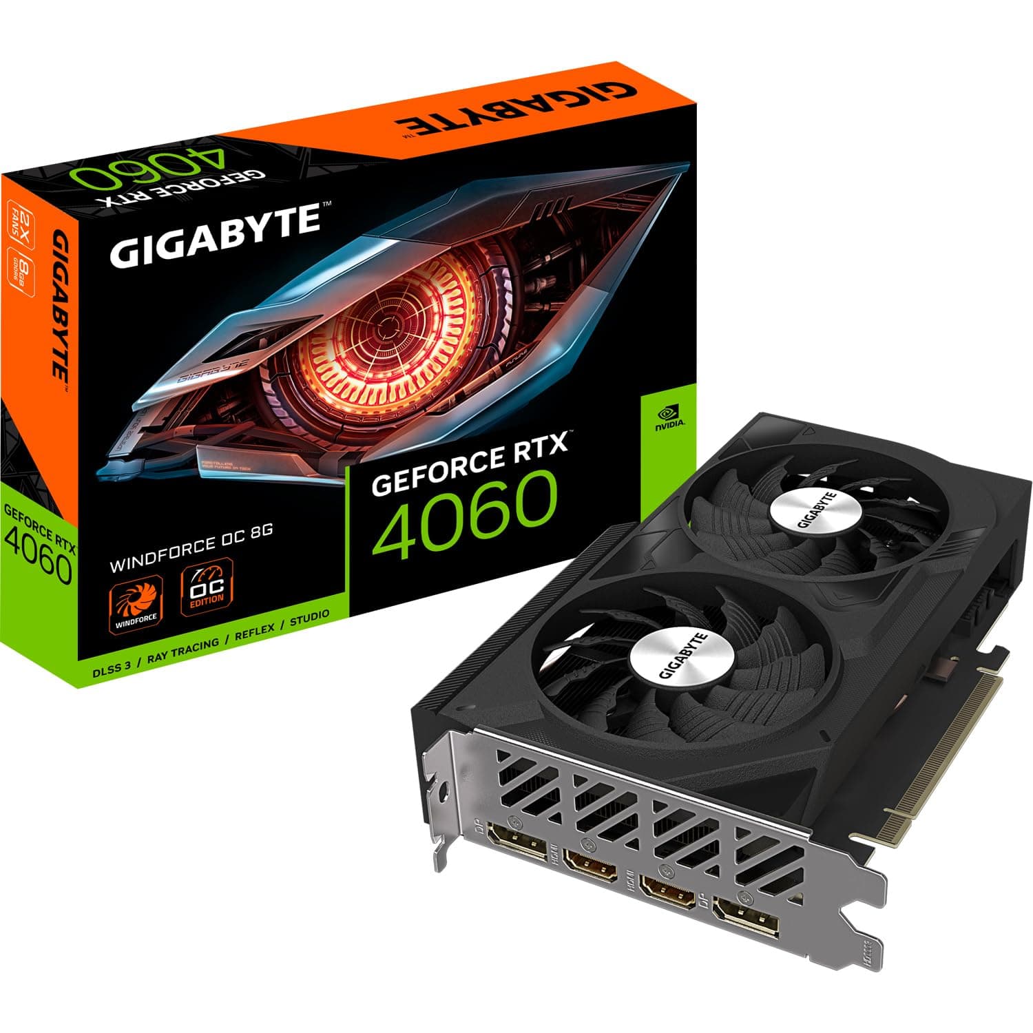 GIGABYTE NVIDIA GeForce RTX 4060 WINDFORCE OC Graphics Card - 8GB GDDR6, 128-bit, PCI-E 4.0, 2475MHz Core Clock, 2X DP 1.4, 2X HDMI 2.1a, NVIDIA DLSS 3 - GV-N4060WF2OC-8GD