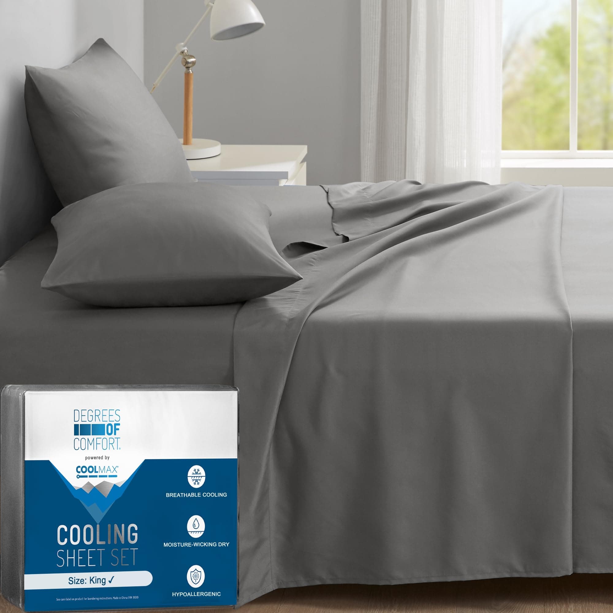 Coolmax® Cooling Bed Sheets King Size for Hot Sleepers, Moisture Wicking Sheet Set for Night Sweats, Deep Pocket, Ultra Soft, Cozy for All Seasons, Grey 4 Pieces