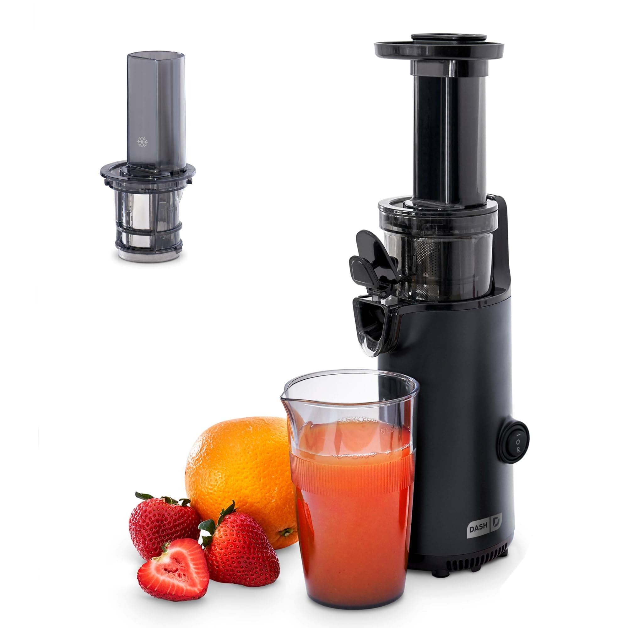 DASH Deluxe Compact Masticating Slow Juicer, Easy to Clean Cold Press Juicer with Brush, Pulp Measuring Cup, Frozen Attachment and Juice Recipe Guide - Black