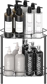 HuggieGems 2 Tier Floor Standing Corner Shower Caddy Organizer Shelf with Hooks, Bathroom Shelves Stand Rack, Matt Black