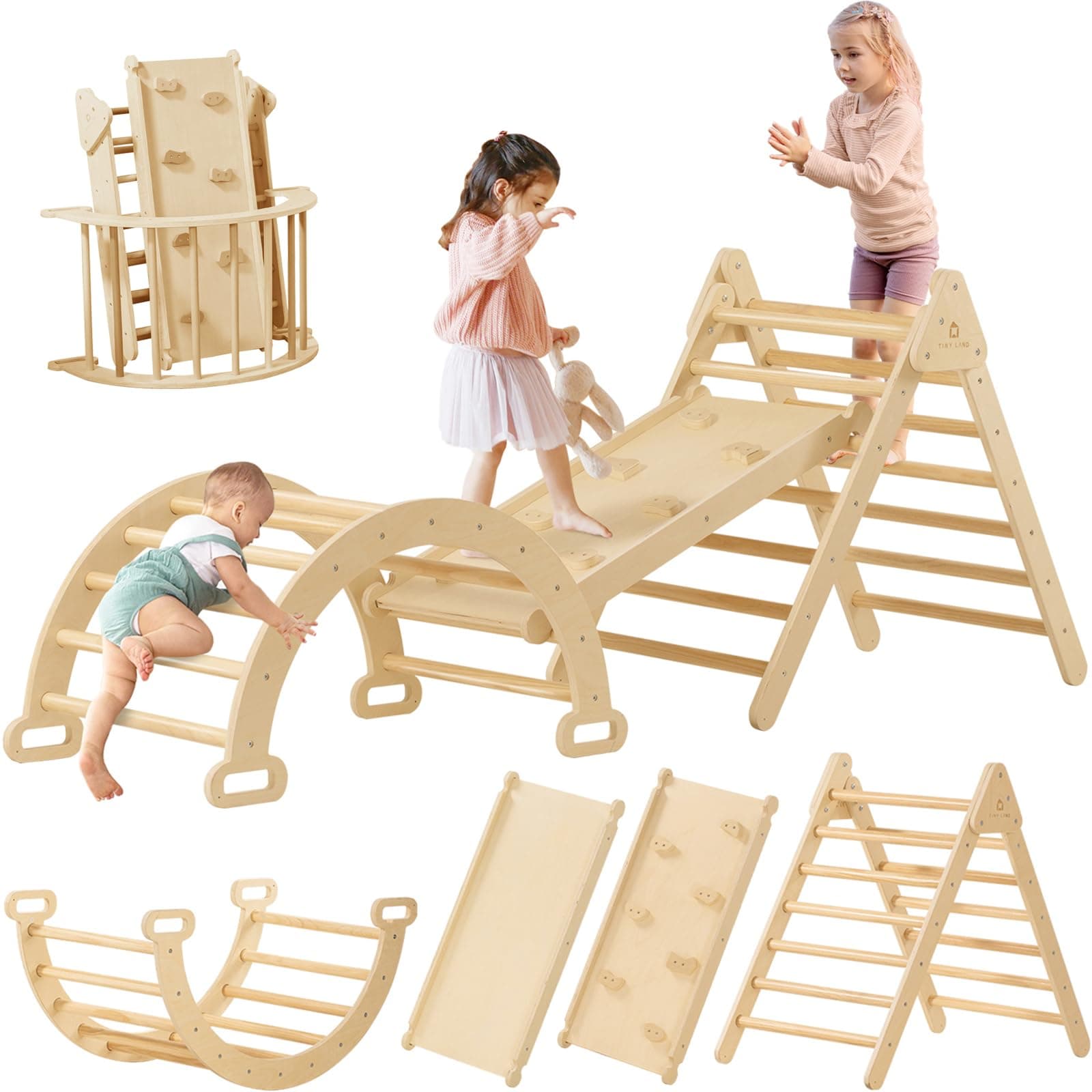 Tiny Land Triangle Climbing Frame for Kids, 3 in 1 Foldable Montessori Toy Wooden Climbing Triangle, Indoor Climbing Frame Set Wooden Climbing Toy with Ramp and Arch Climbing Triangle