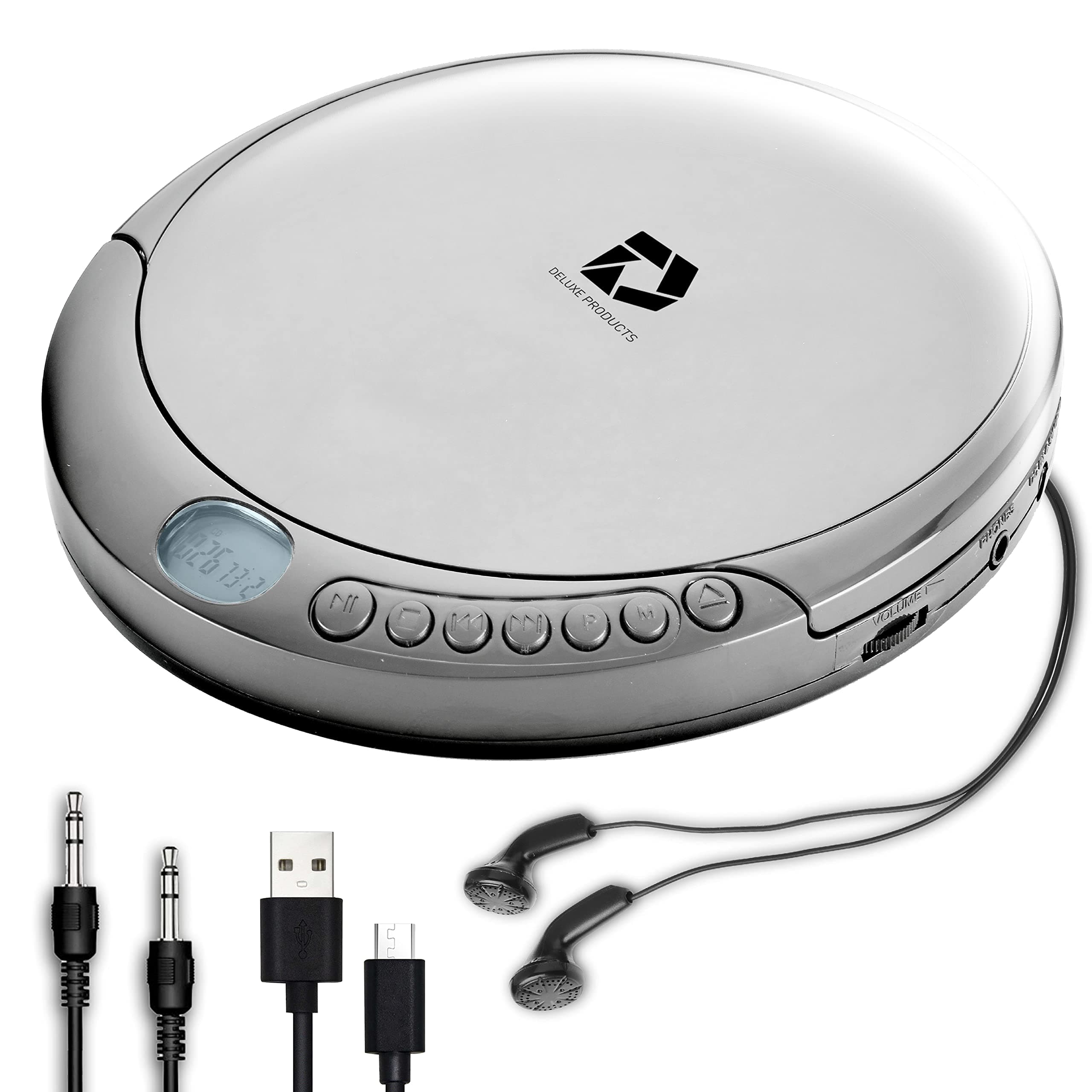 CD Player Portable with 60 Second Anti Skip, Stereo Earbuds, Includes Aux in Cable and AC USB Power Cable for use at Home or in Car. Silver