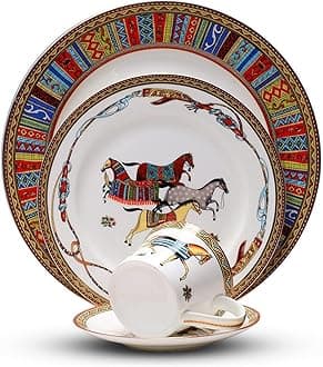 8-piece bone china dinnerware set for 2, red horse pattern round dinner plates, fine dish set for 2 with coffee cup for dinning, suitable for microwave,oven,dishwasher (dinnerware set for 2 people)