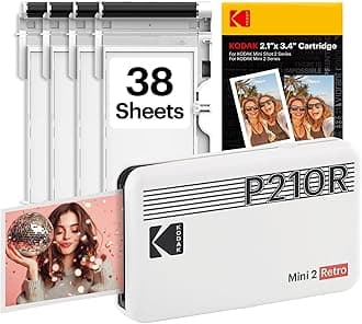 KODAK P210 Mini 2 Retro, Mobile Coloured Mobile Phone Photo Printer, Compatible with Smartphone (iOS & Android), Bluetooth, 54 x 86 mm, 4Pass Technology, Lamination, 68 Sheets, White