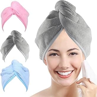 YoulerTex Microfiber Hair Towel Wrap - 2Pack Hair Head Drying Turban Curly Fast Absorbent Dry Anti Frizz Twist Plopping Long Shower Turban for Women with Button (Gray+Blue+Pink)