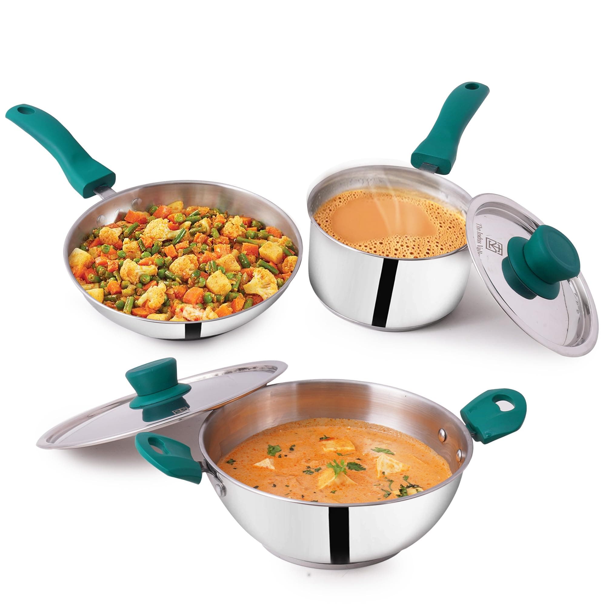 - Stainless Steel Cookware Set 3-Layer Thick Bottom - Set of 3Pcs | Fry Pan (22.8 Cm/1.5L)+ Kadai with Lid (22.6 Cm/2.1L) | Kitchen Cooking Combo Pots & Pans, Naturally Nonstick, Silver