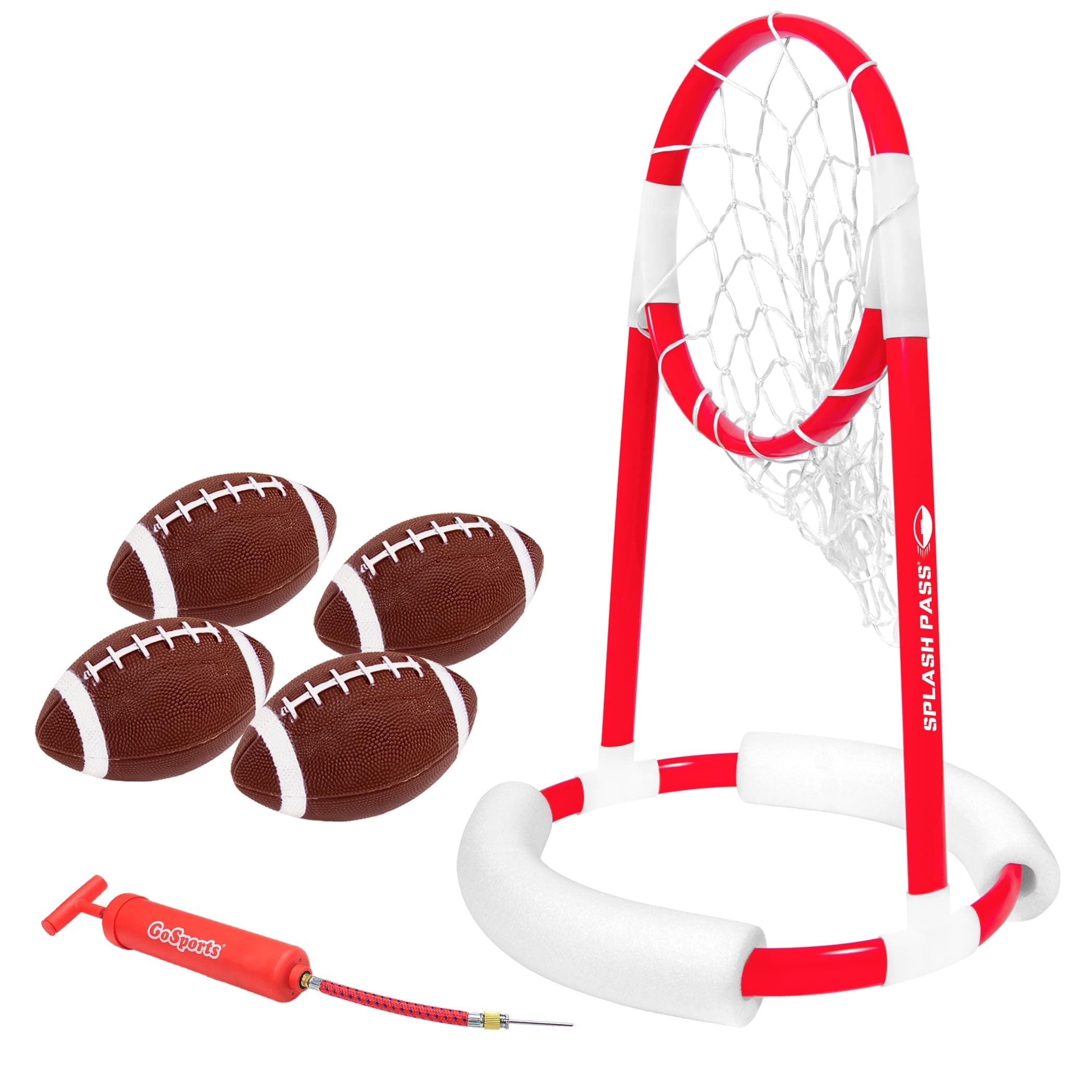 GoSports Splash Pass Floating Pool Football Game Includes Hoop, 4 Footballs and Pump