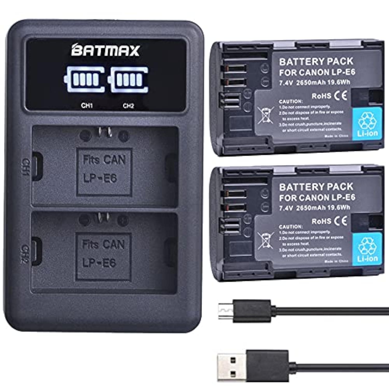 Batmax 2Pcs 2650mAh LP-E6 LP-E6N Battery + LED Dual Charger for Canon EOS R, R5, R6, Ra, XC10, XC15, 5D Mark II/III/IV, 5DS, 5DS R, 6D, 6D Mark II, 7D, 7D Mark II, 70D, 80D, 90D,Blackmagic 4K/6K